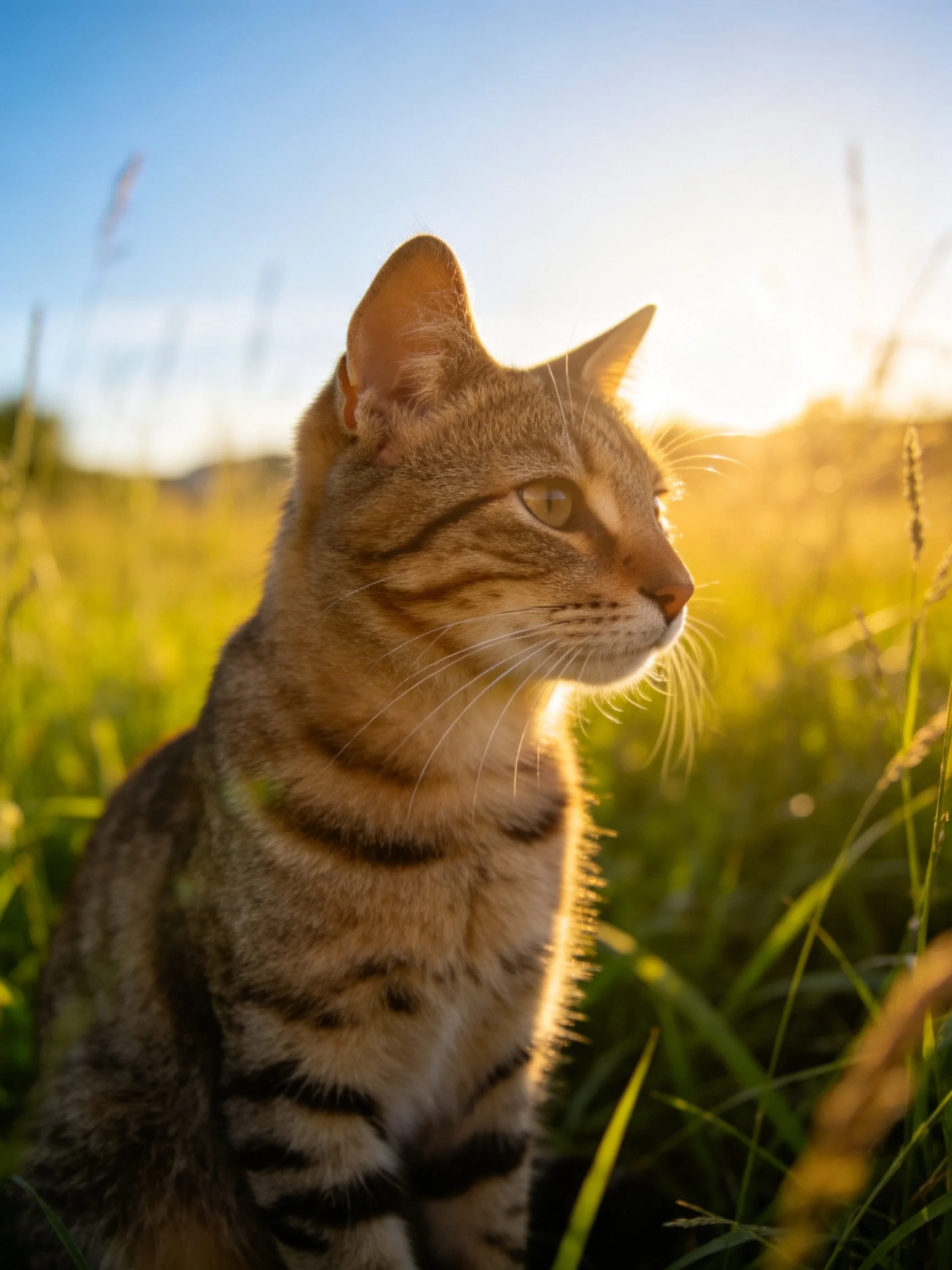 A tabby cat in sun-drenched tall grass under clear blue sky