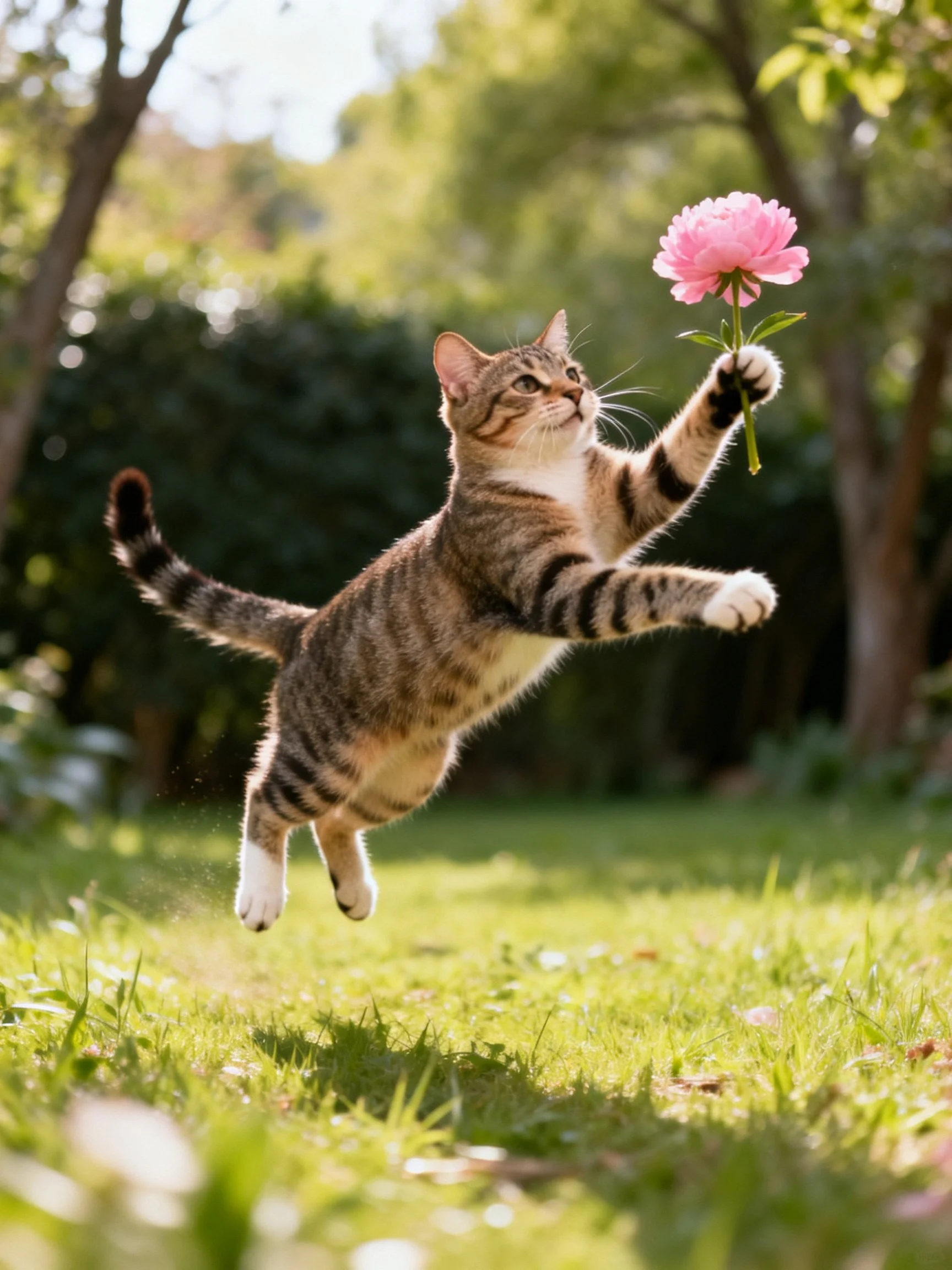 A tabby cat leaping toward a pink flower in a sunlit garden
