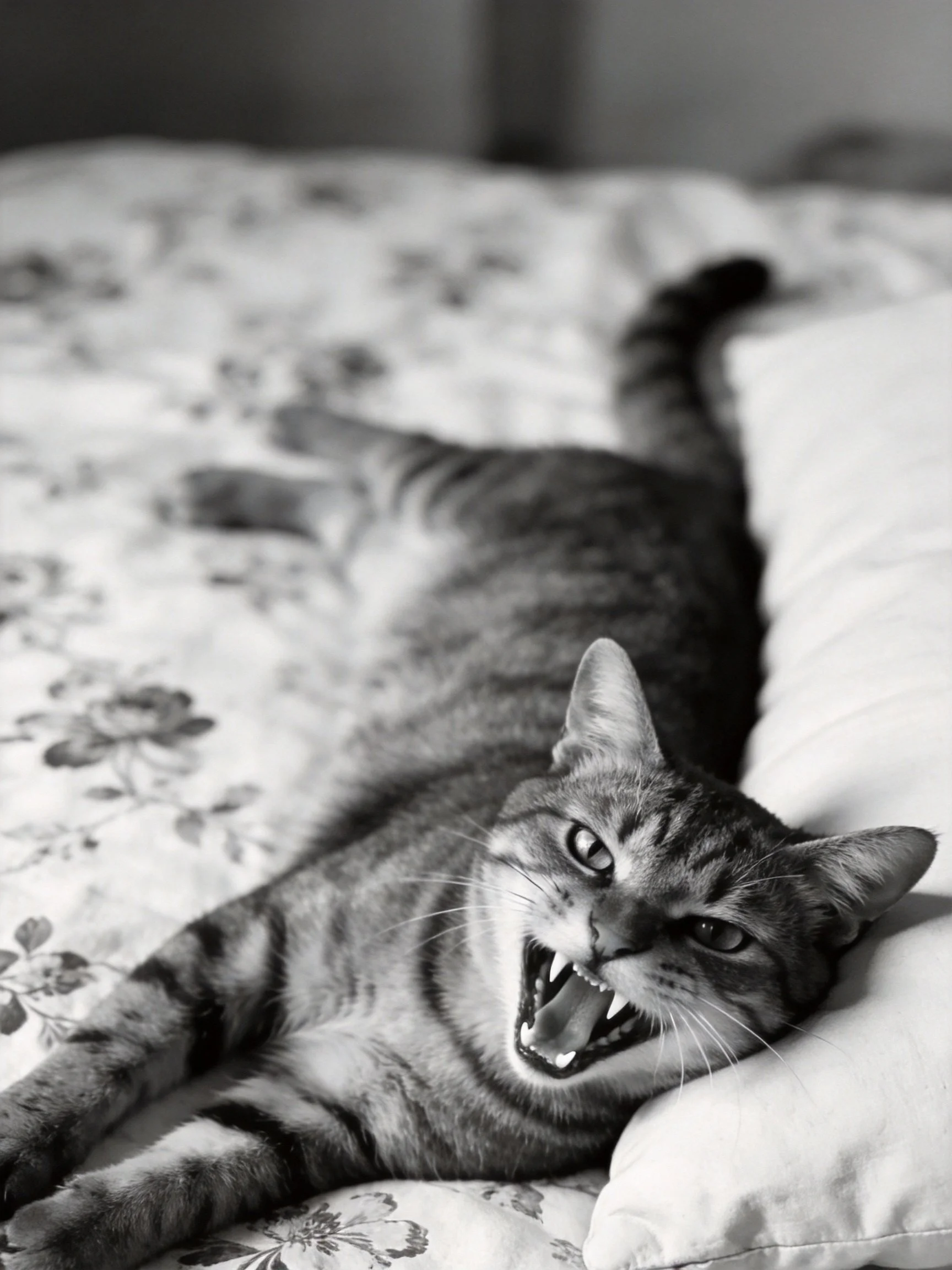 A tabby cat lies on a floral bed, showing aggression