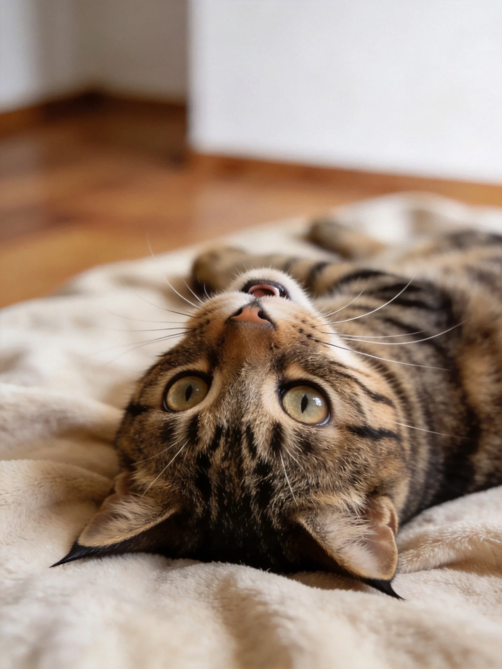 A tabby cat lies upside down on a soft beige blanket