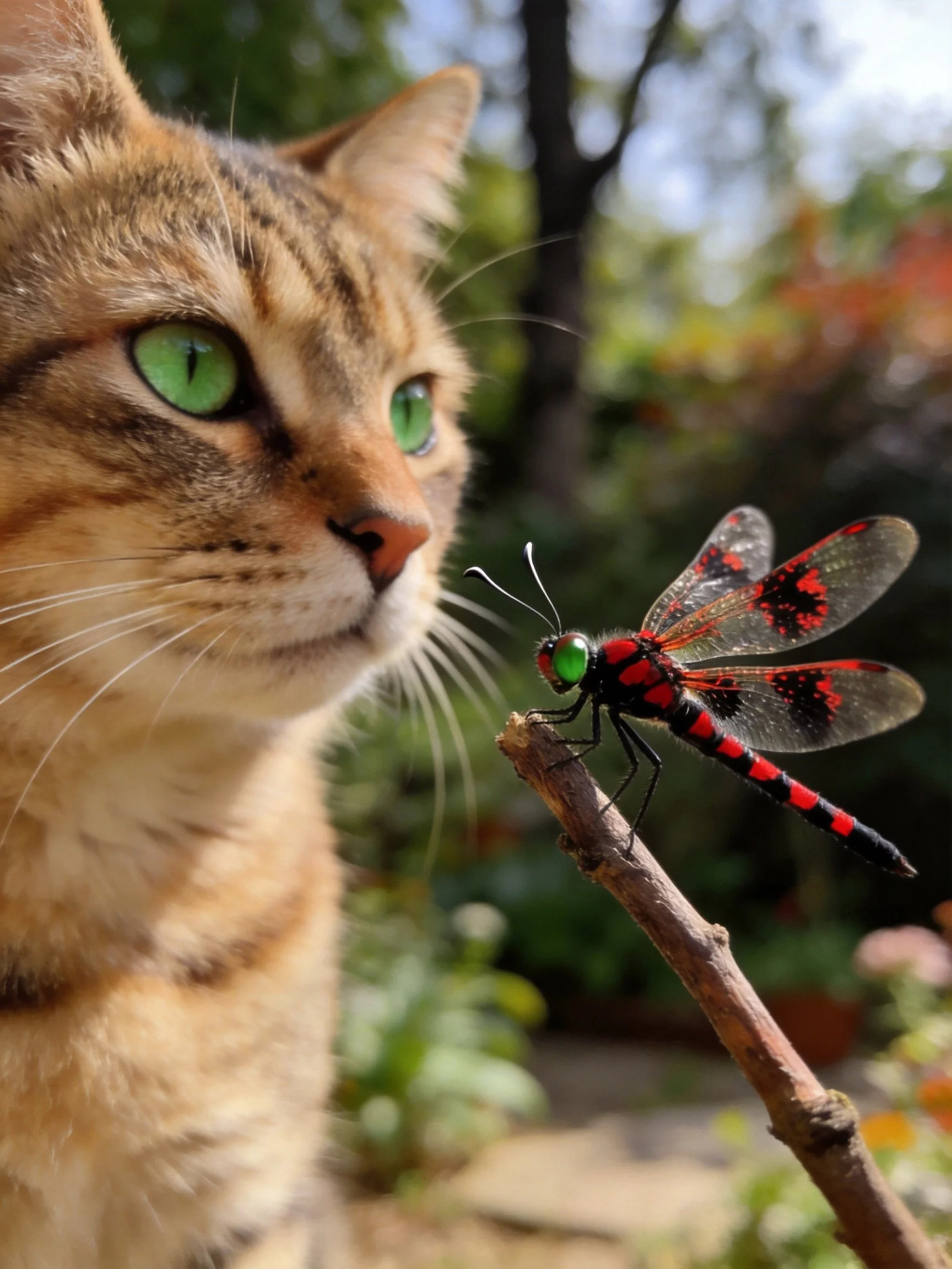 A tabby cat looks at a red-black spotted dragonfly on a branch