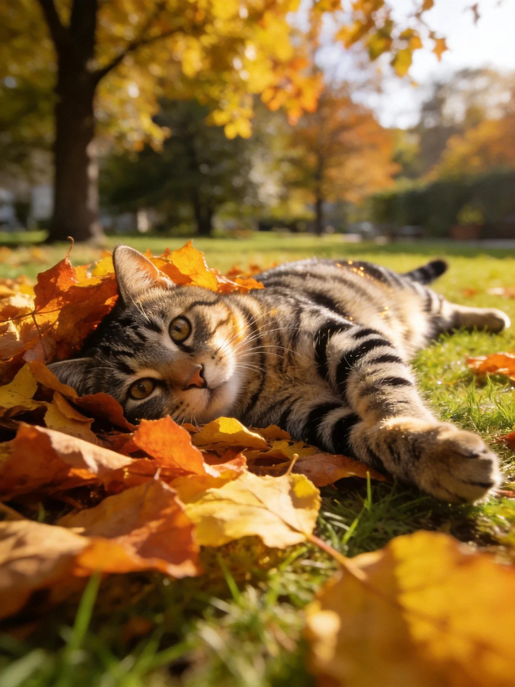 A tabby cat lounges among autumn leaves in a sunlit park