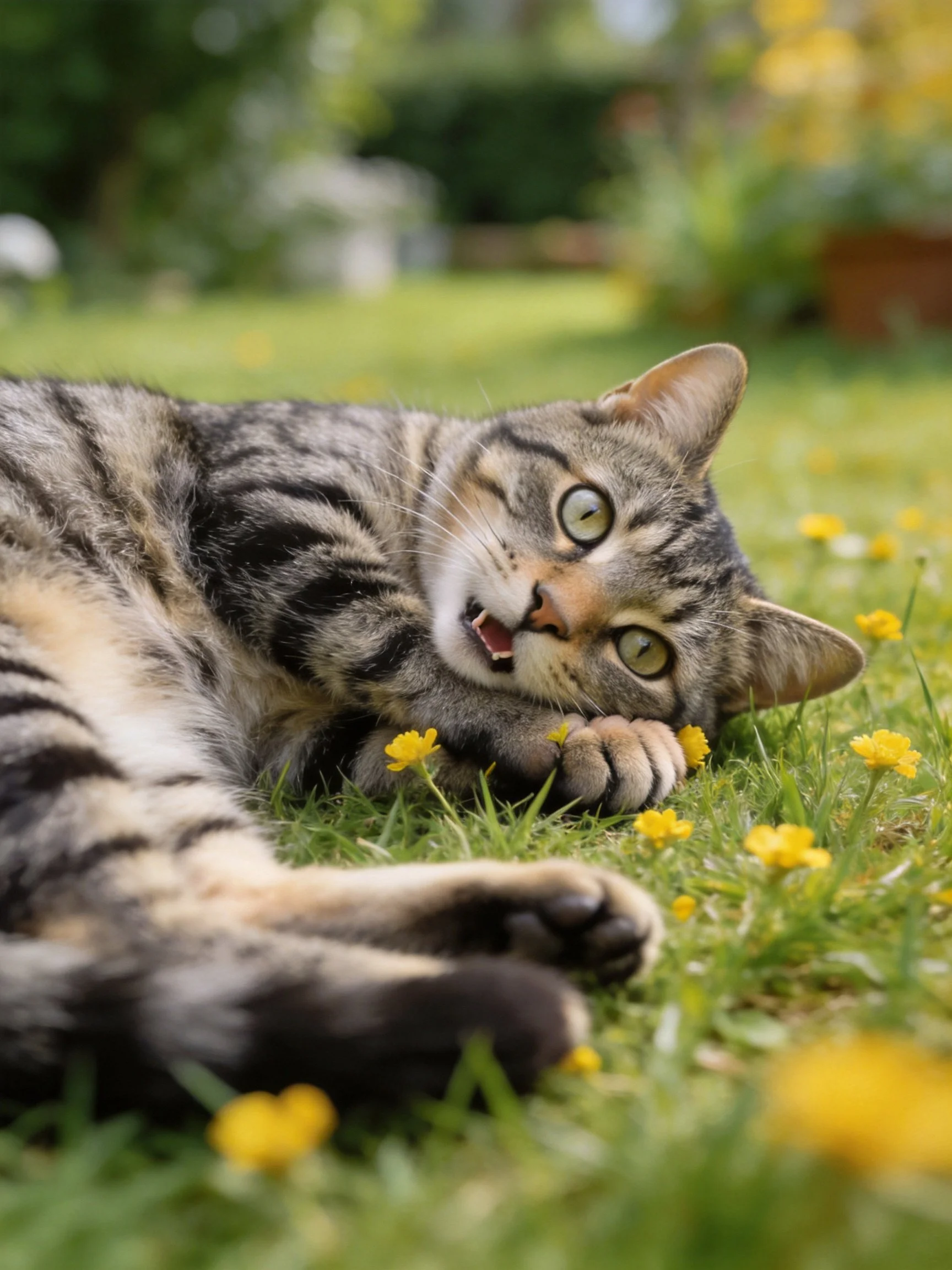 A tabby cat lounges among yellow flowers on lush green grass