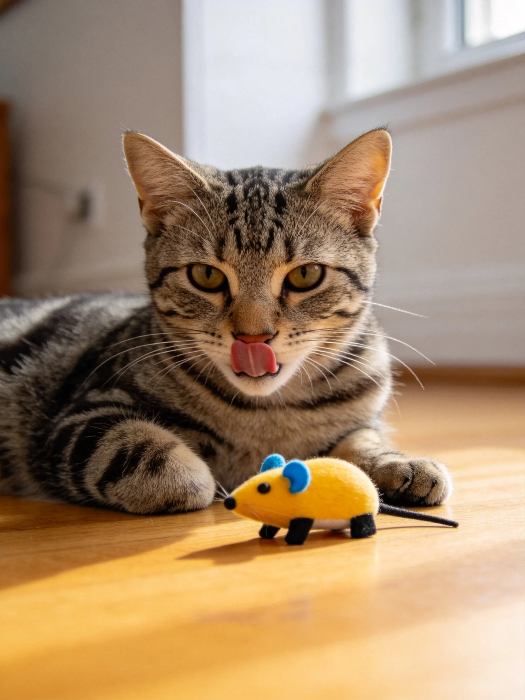 A tabby cat lounges beside a bright yellow plush toy mouse