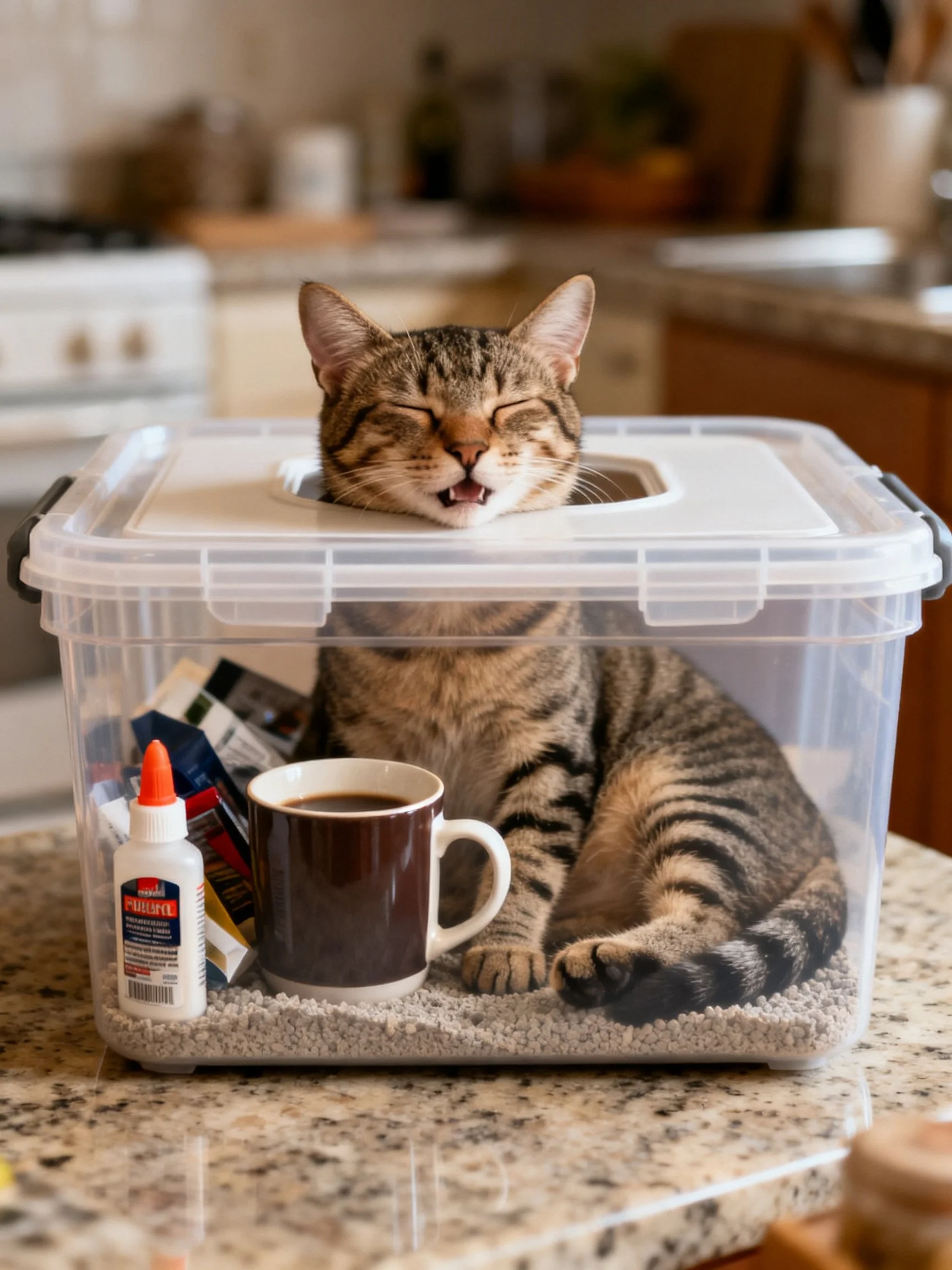 A tabby cat lounges in a clear storage bin with coffee and supplies