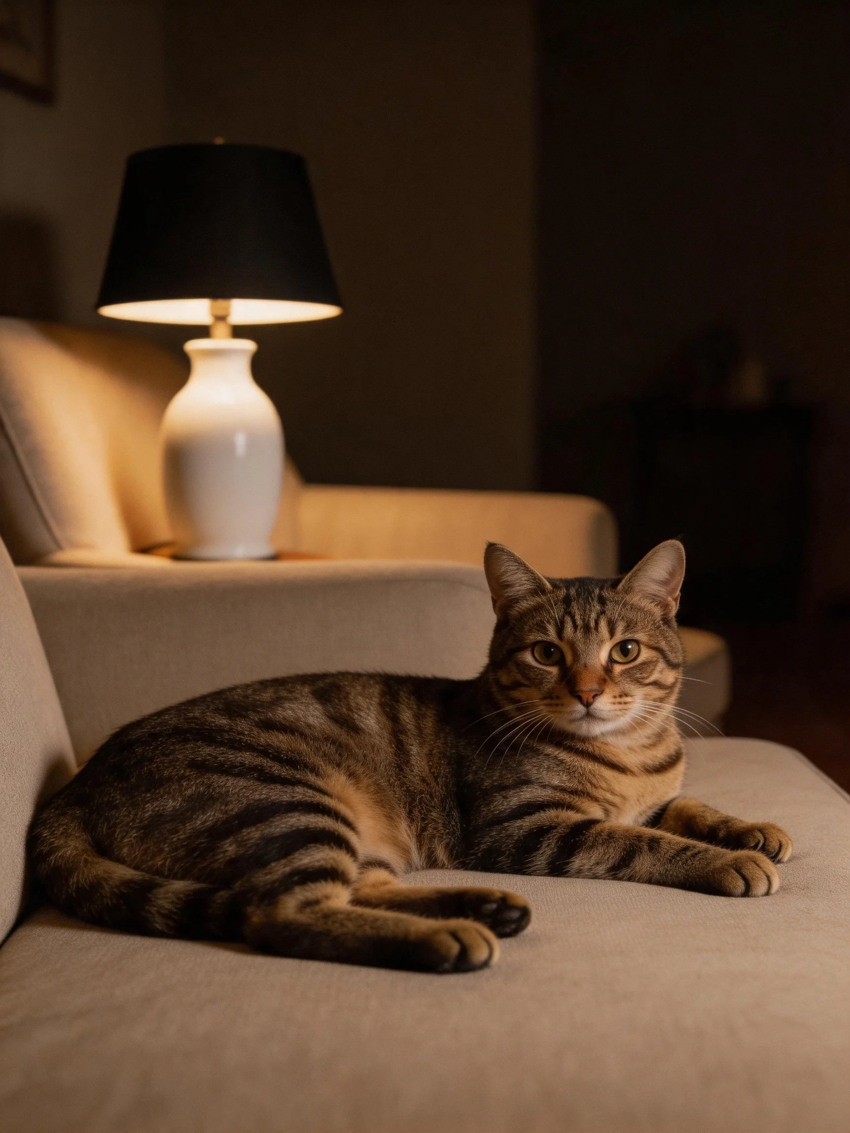 A tabby cat lounges on a beige couch near a lit table lamp