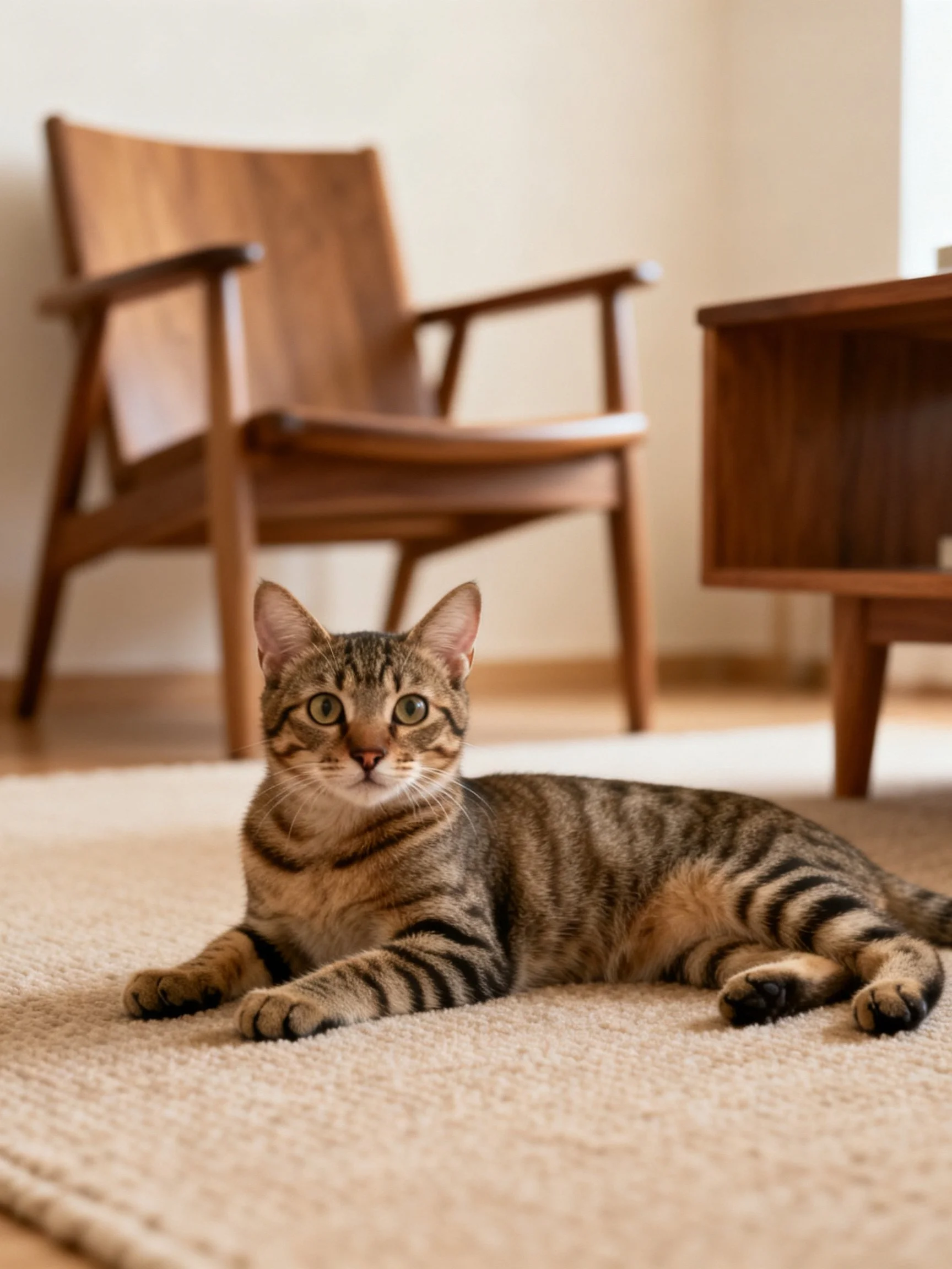 A tabby cat lounges on a beige rug near wooden furniture