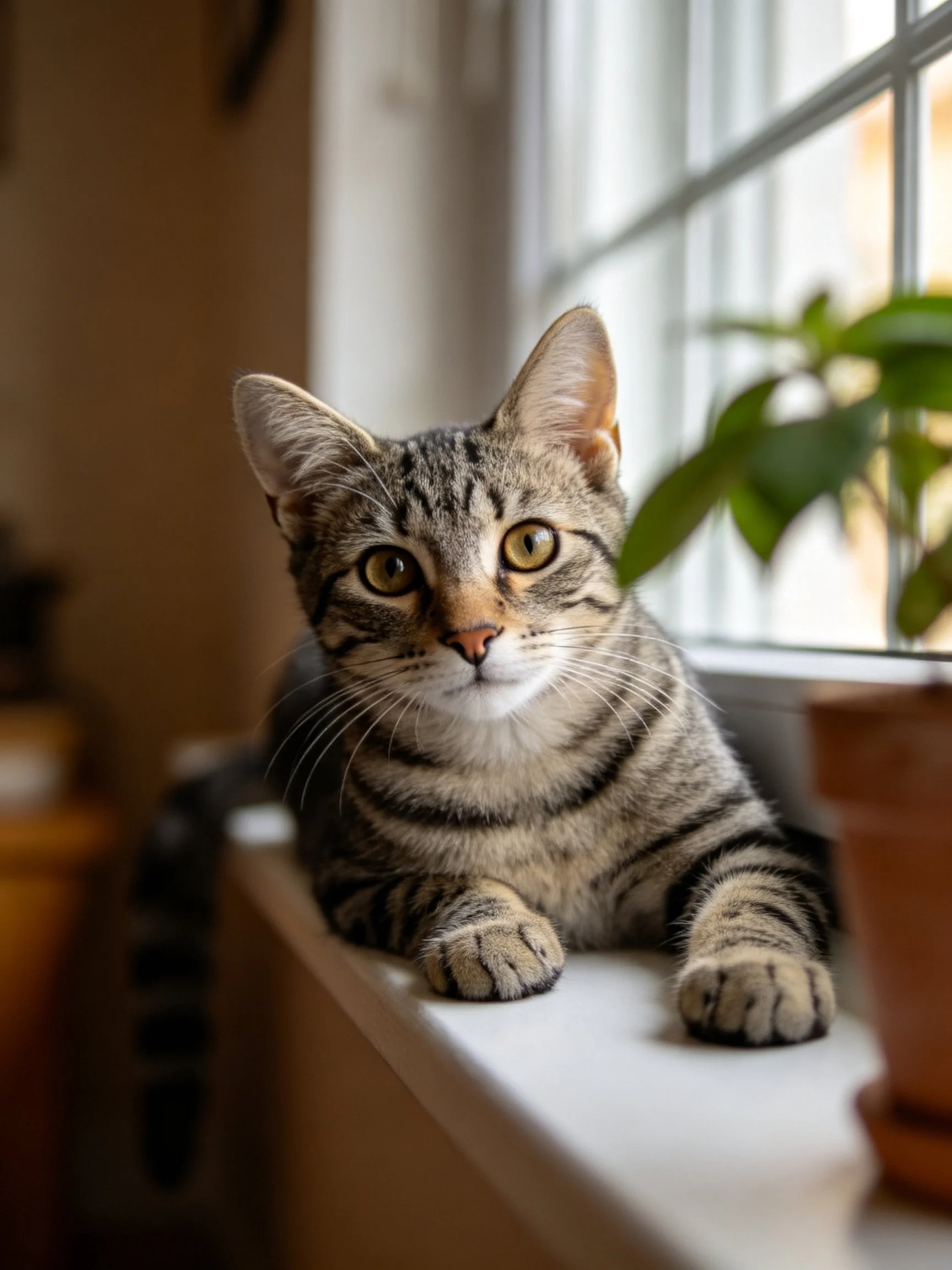 A tabby cat lounges on a bright windowsill beside a potted plant