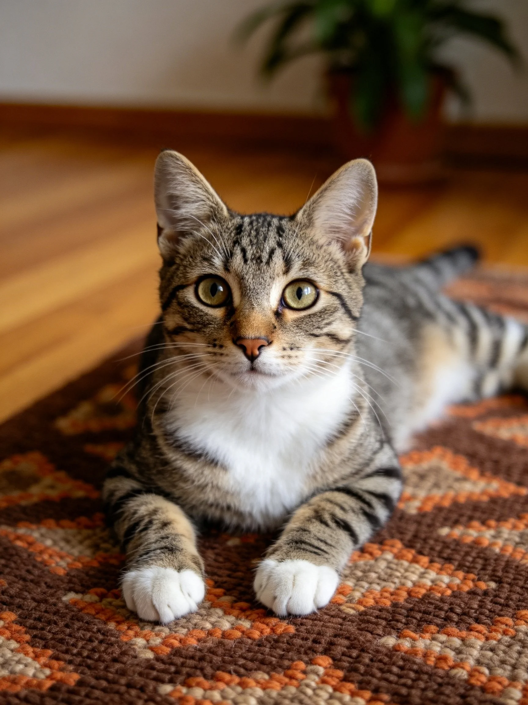 A tabby cat lounges on a brown-orange patterned rug over wooden flooring