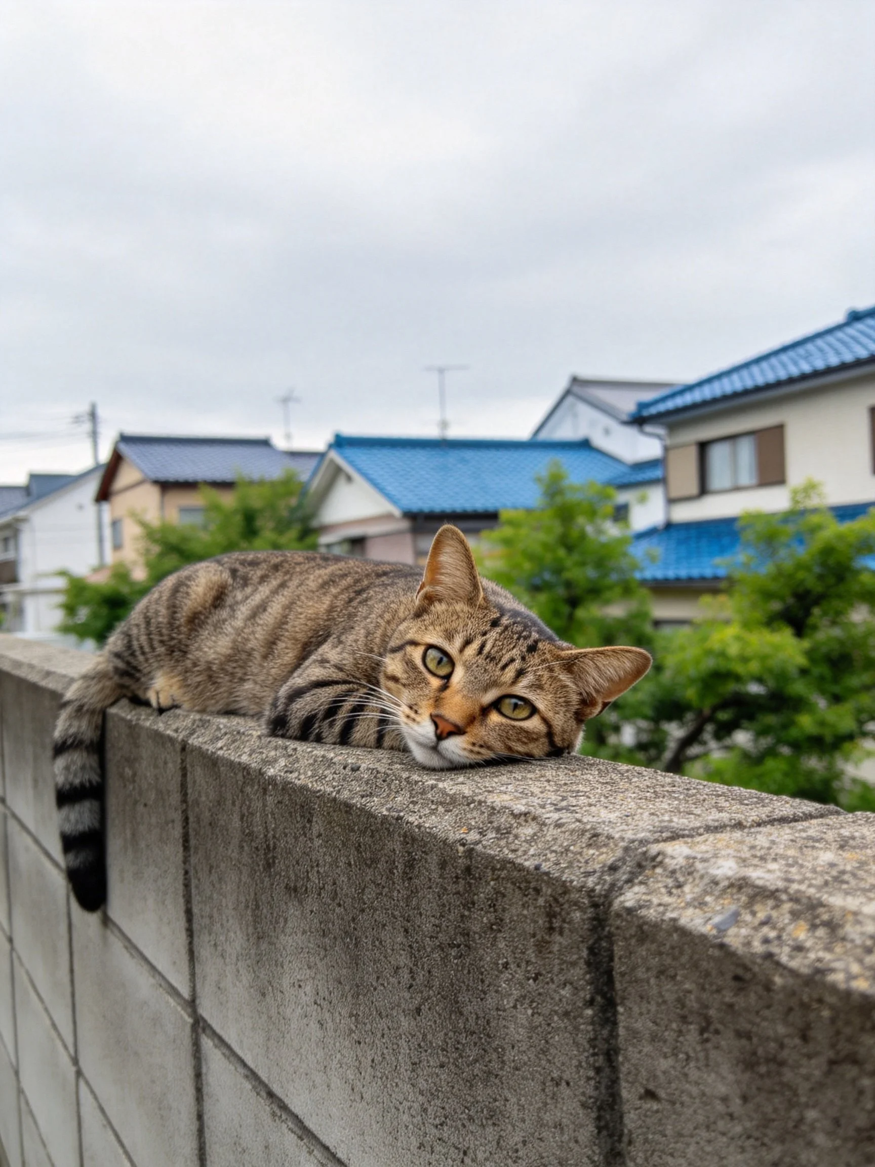 A tabby cat lounges on a concrete wall with blue-roofed homes nearby