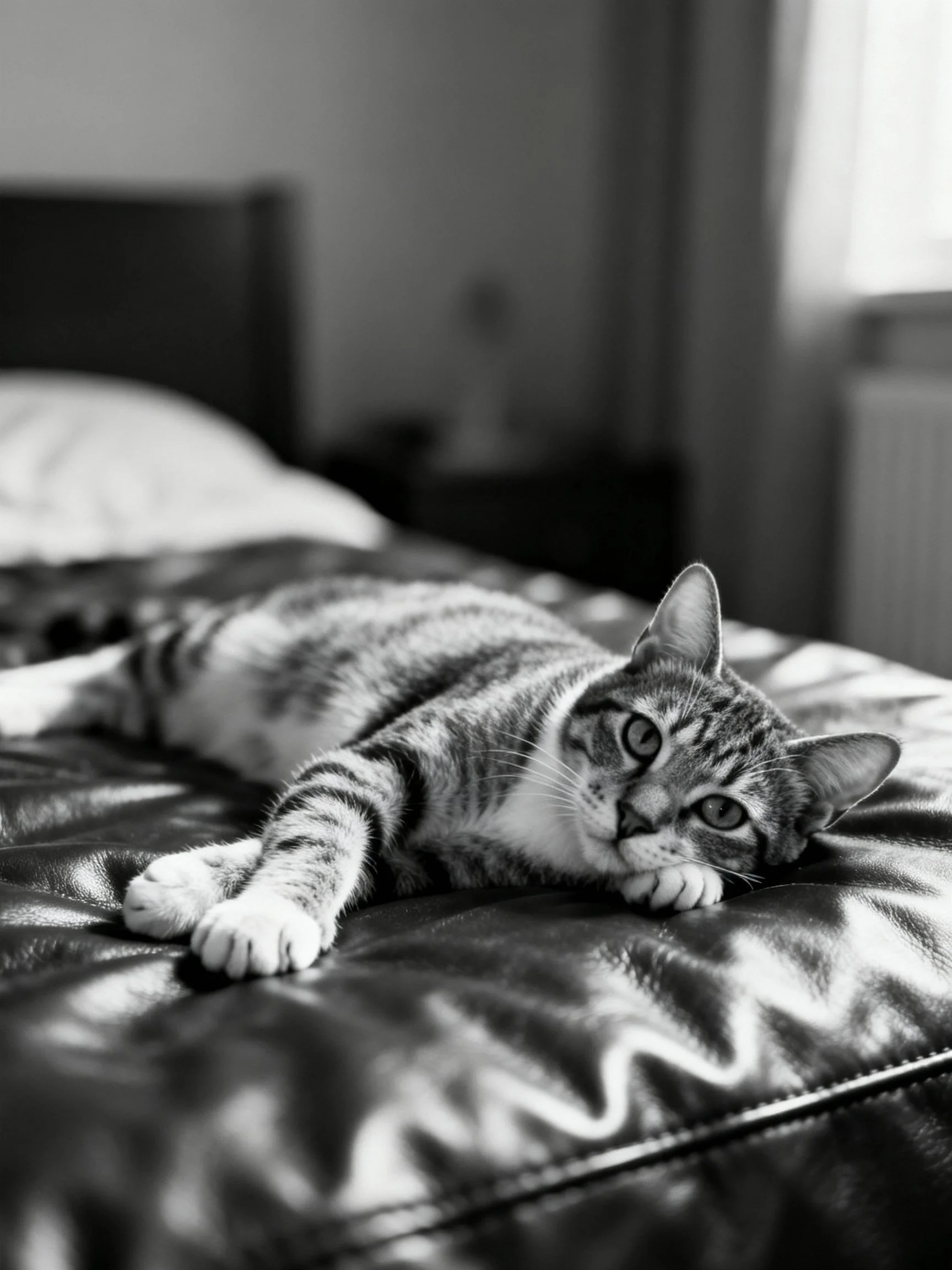 A tabby cat lounges on a glossy leather surface in a softly lit room