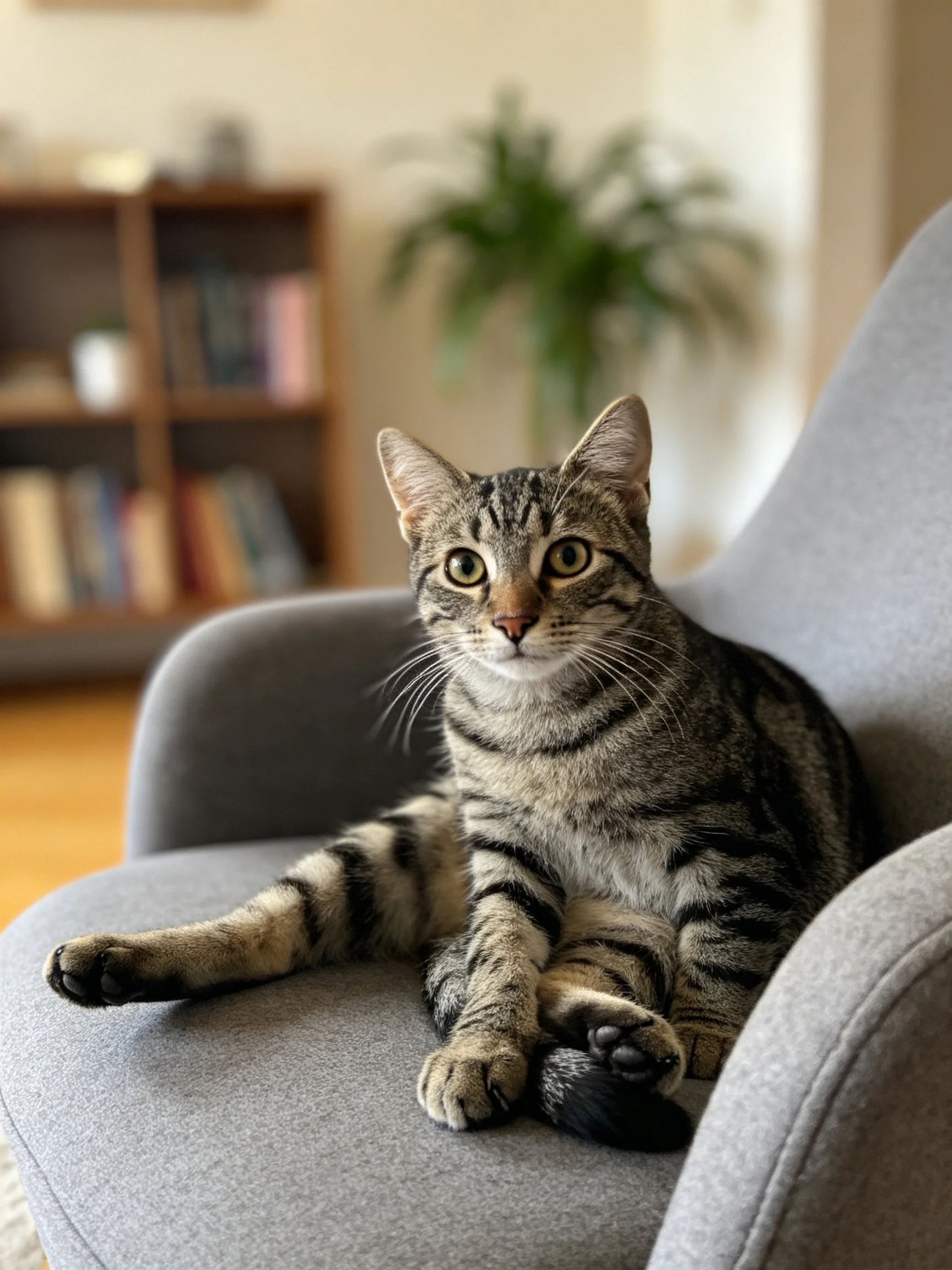 A tabby cat lounges on a gray armchair in a cozy living room