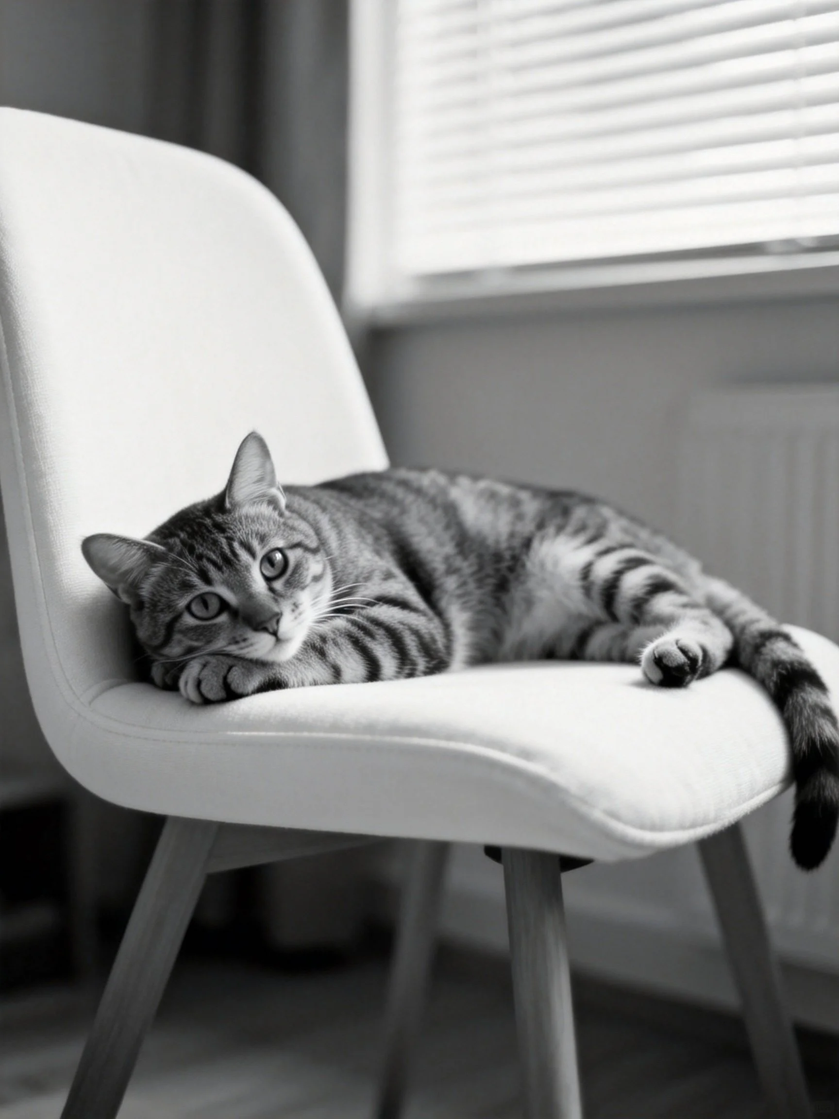 A tabby cat lounges on a modern white chair in black and white