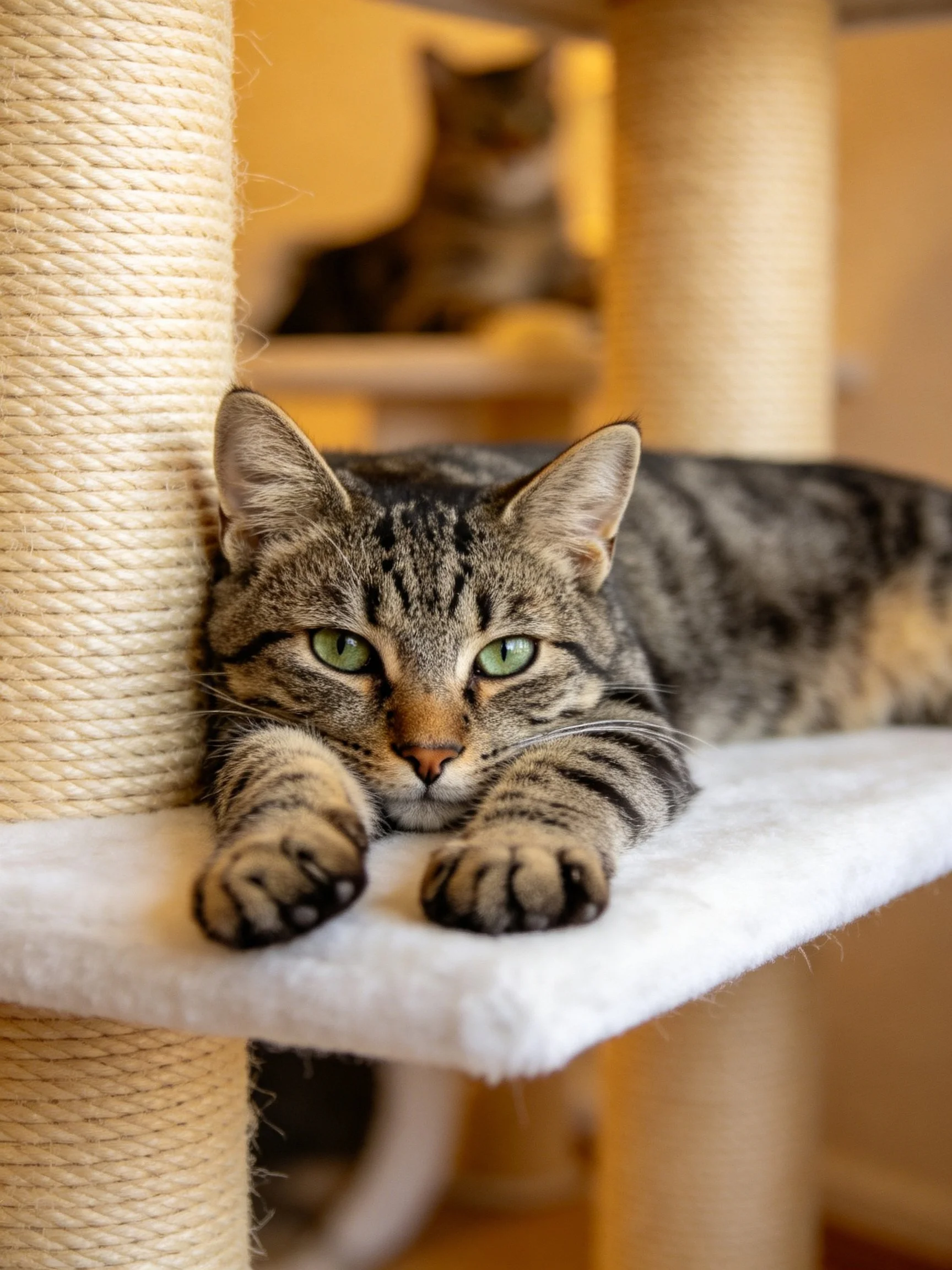 A tabby cat lounges on a multi - level cat tree with another cat in the background
