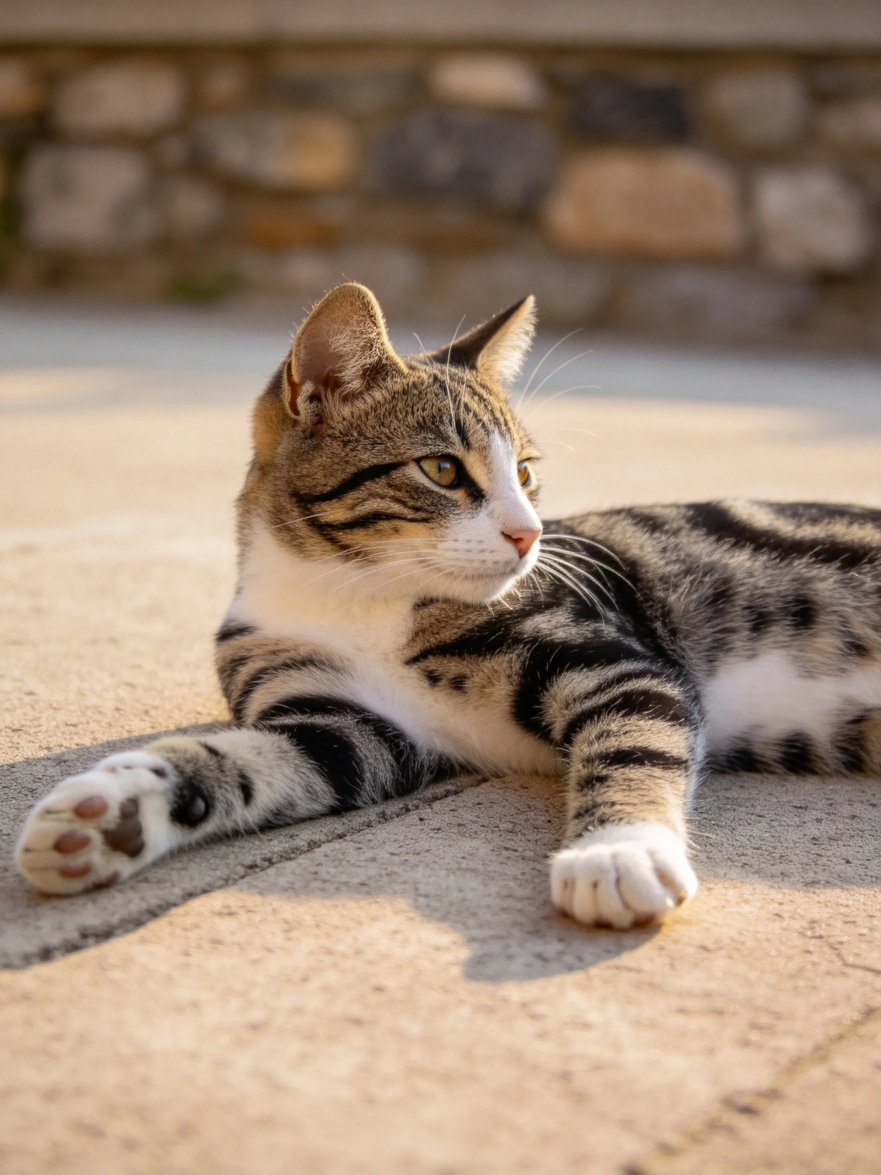 A tabby cat lounges on a sunlit concrete patio near a stone wall