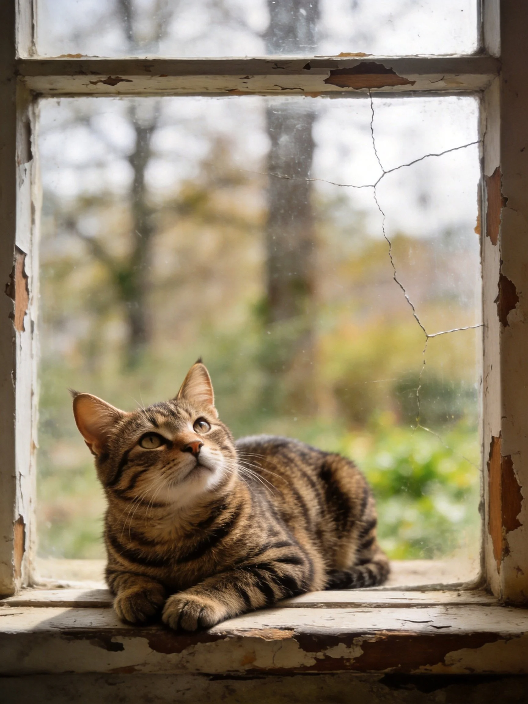 A tabby cat lounges on a weathered, cracked window sill