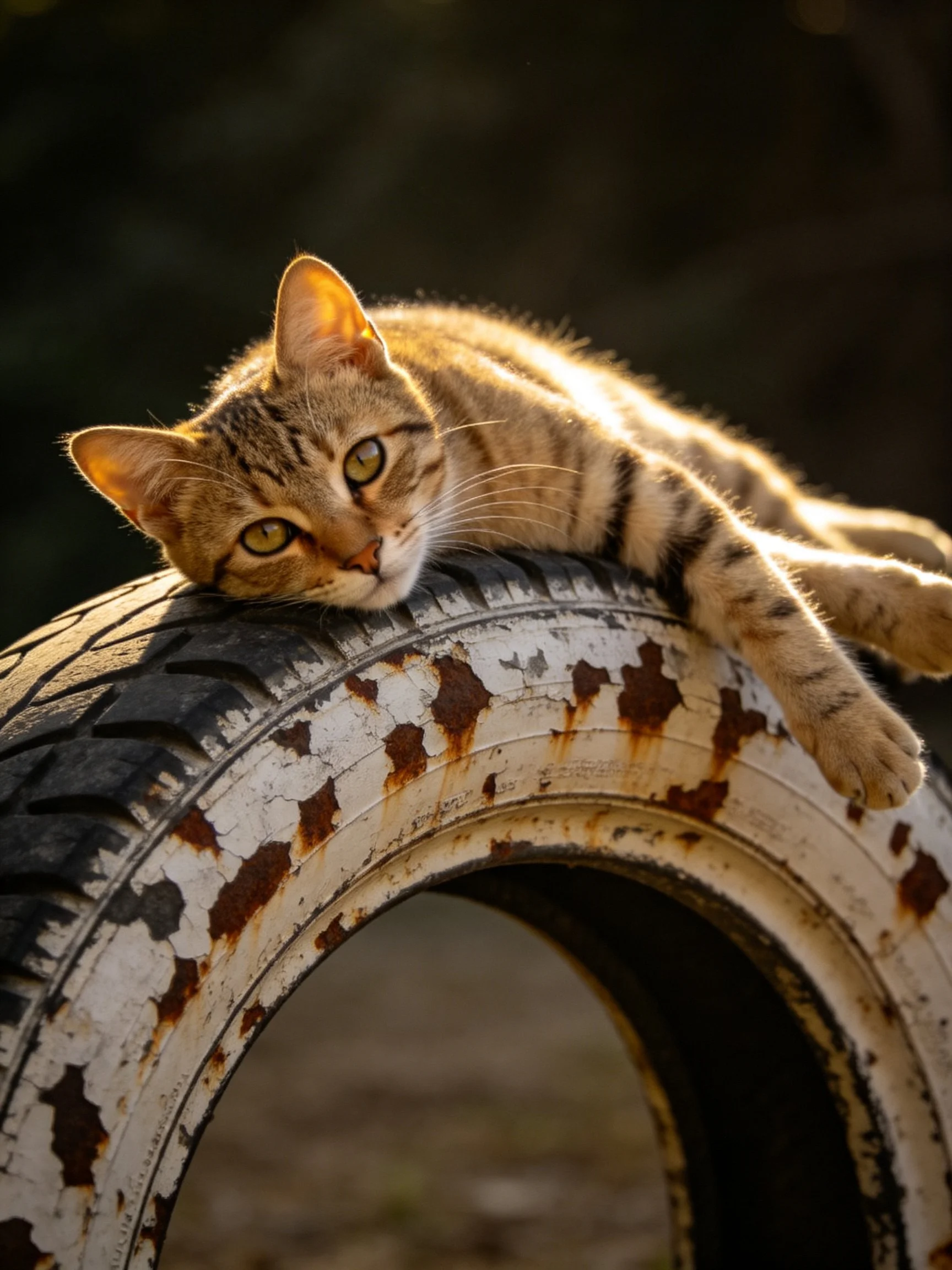 A tabby cat lounges on a weathered, rust-spotted tire