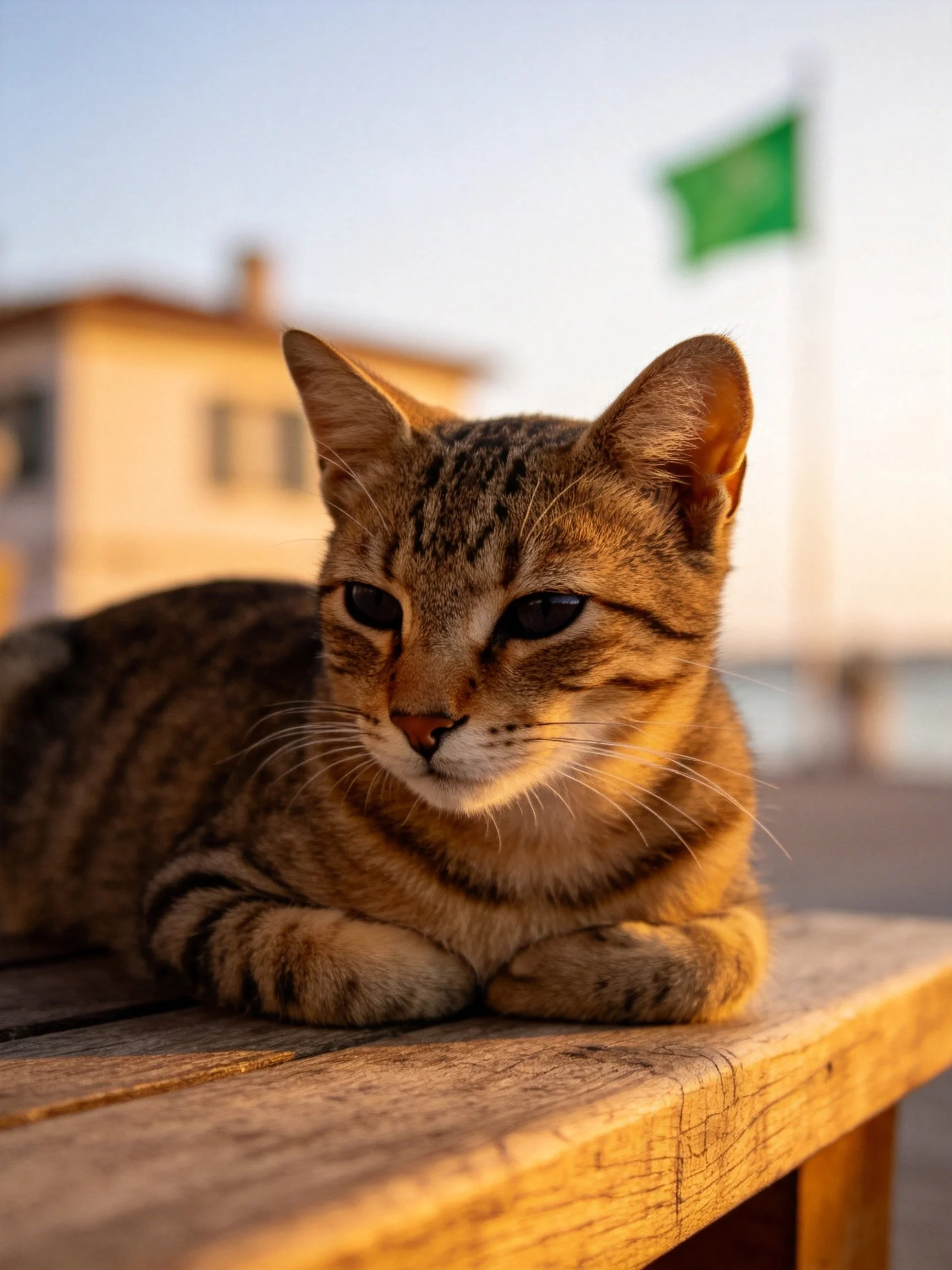 A tabby cat lounges on a weathered wooden bench near a building and green flag