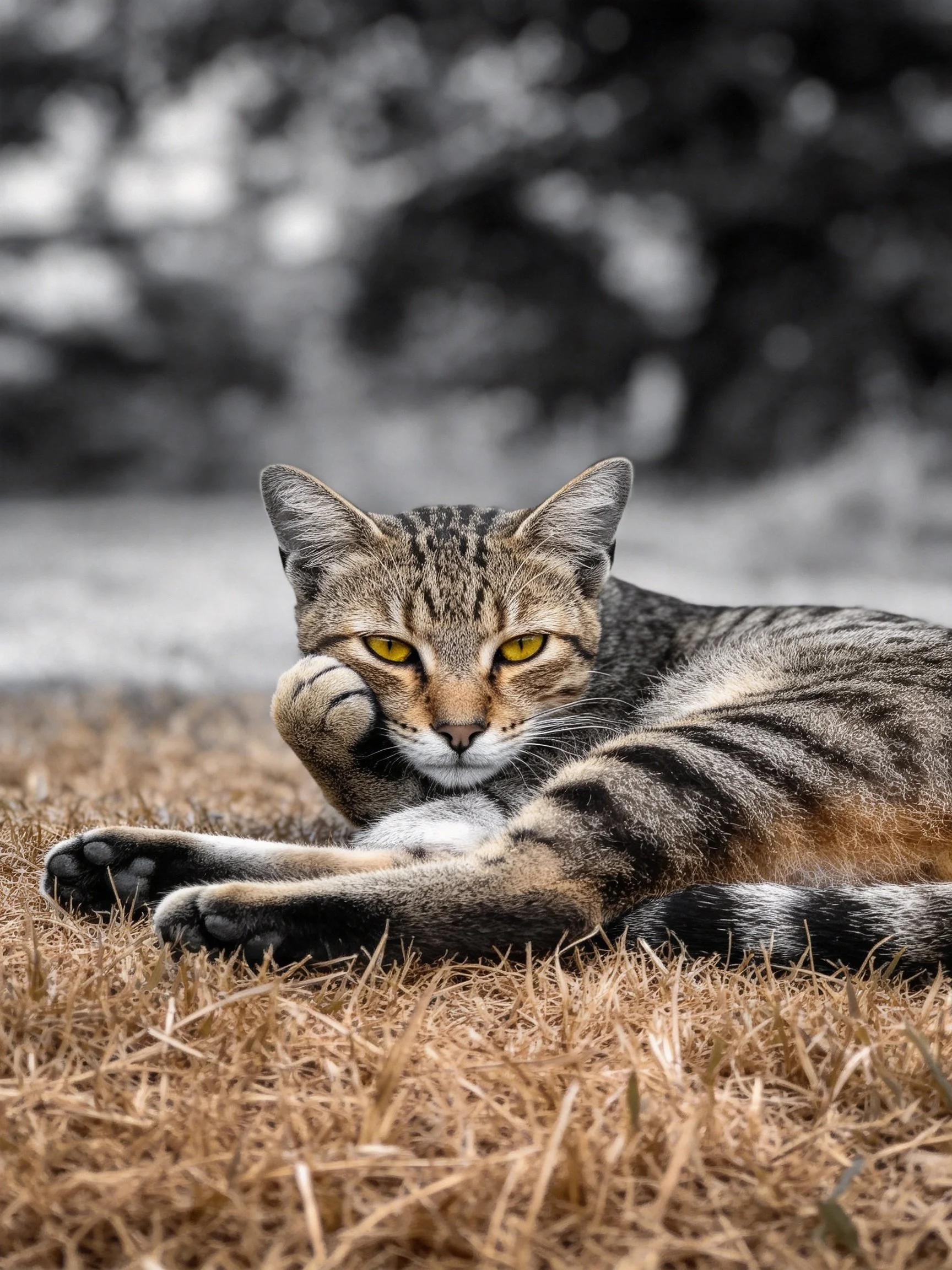 A tabby cat lounges on dry grass near blurred trees