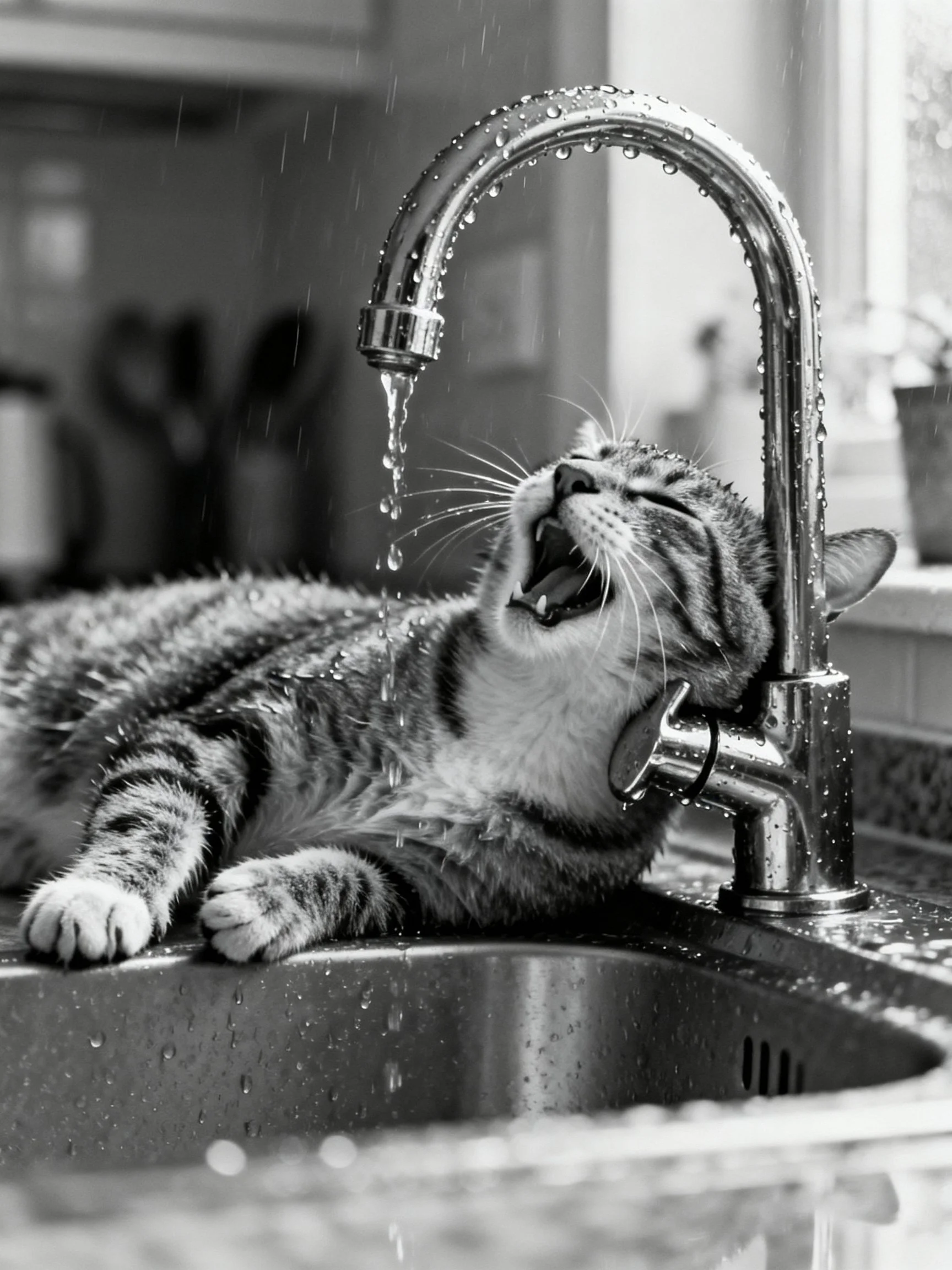 A tabby cat lounging in a kitchen sink under a running faucet