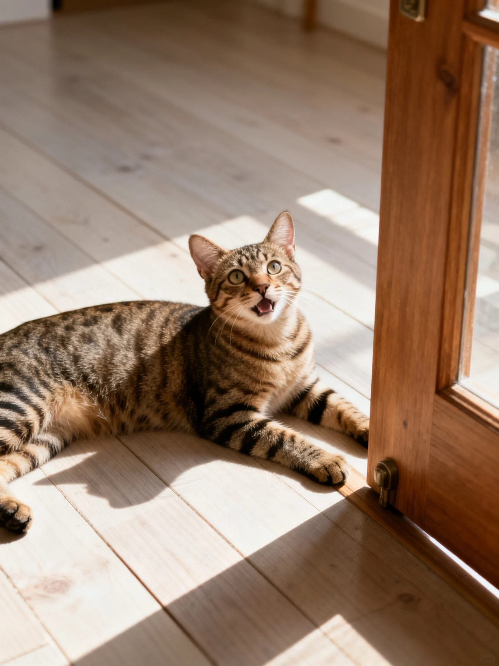 A tabby cat lounging near a wooden door on sunlit wood flooring