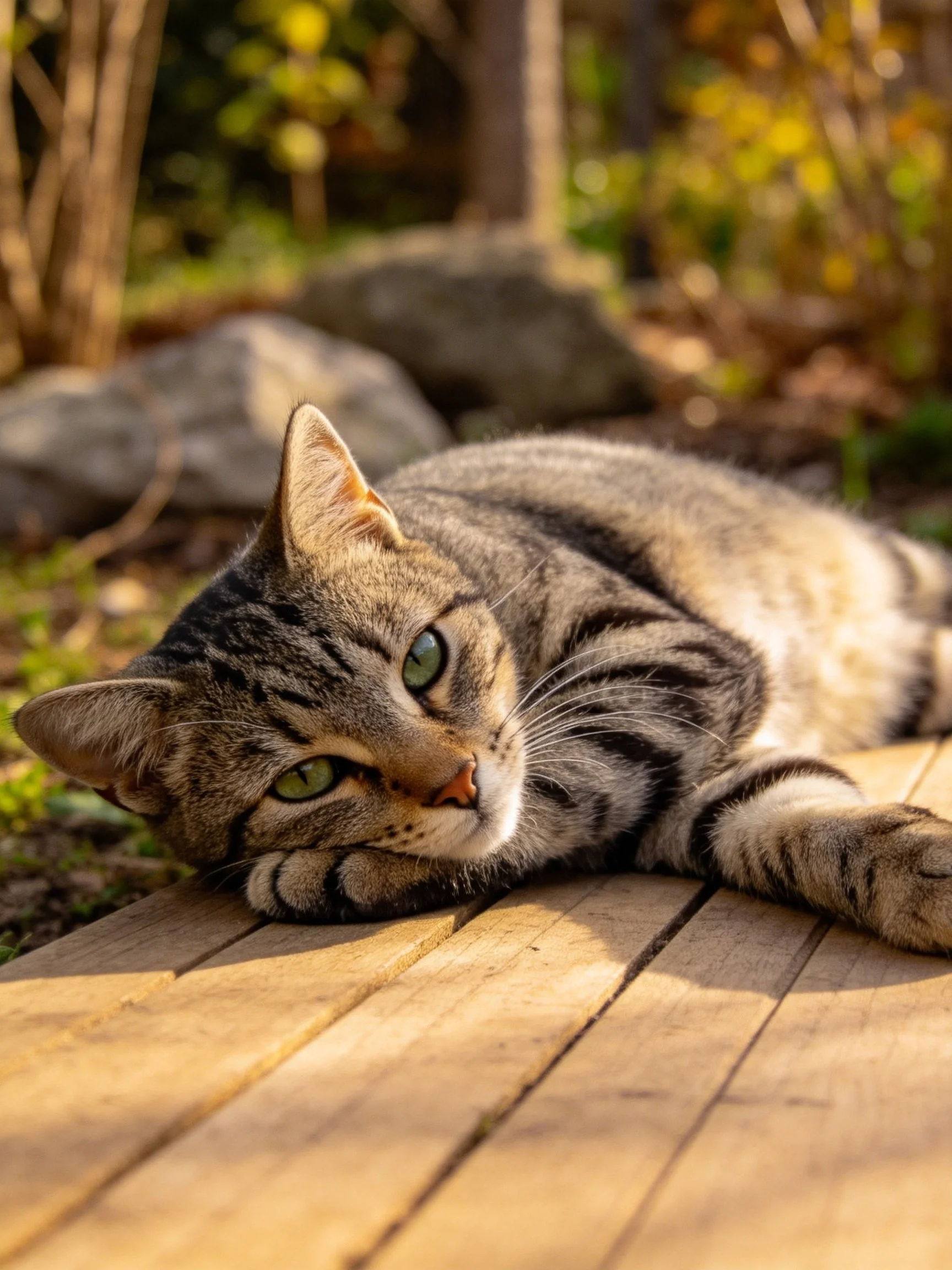 A tabby cat lounging on a wooden deck near rocks and greenery