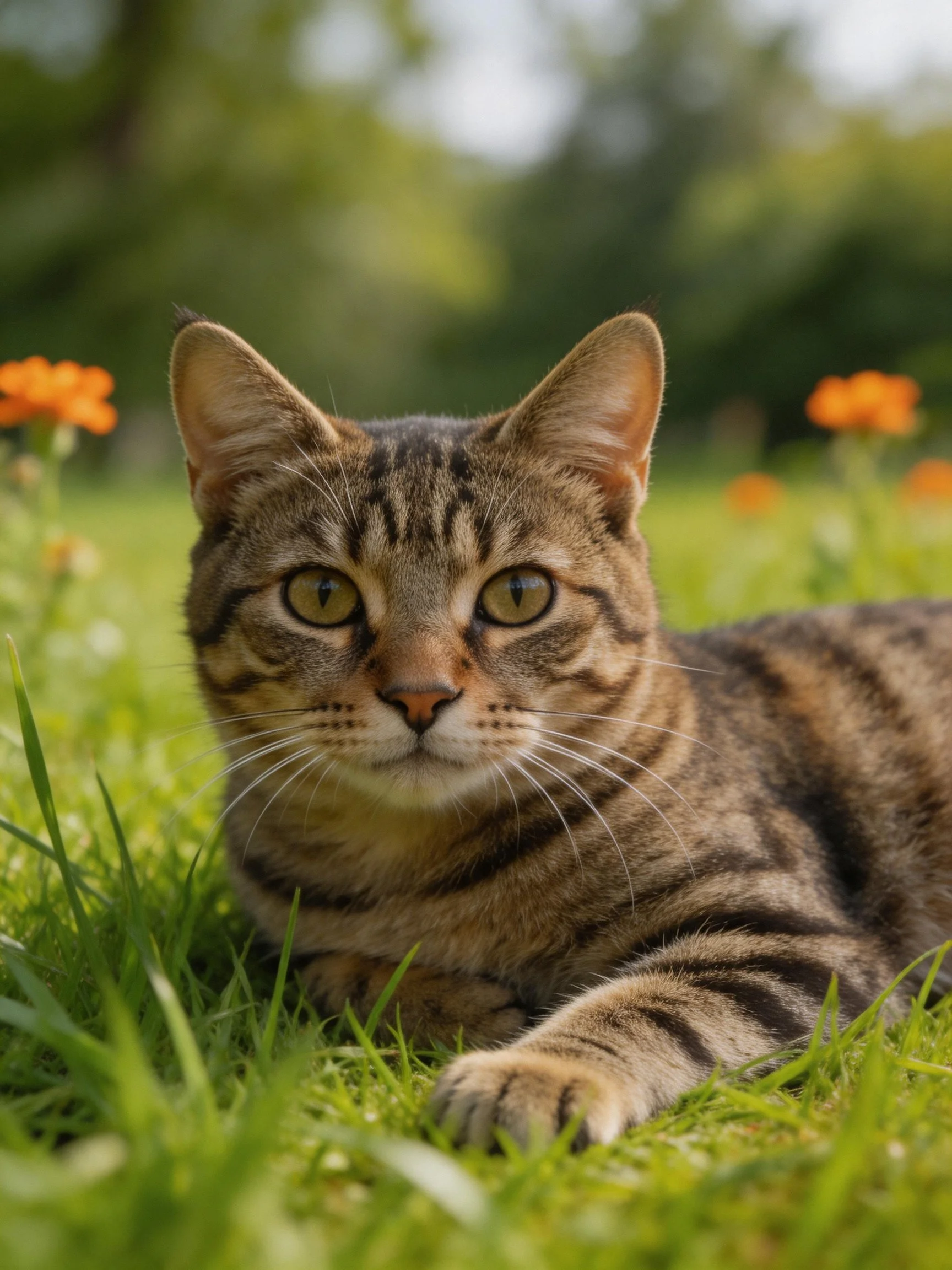 A tabby cat lounging on vibrant green grass amid orange flowers
