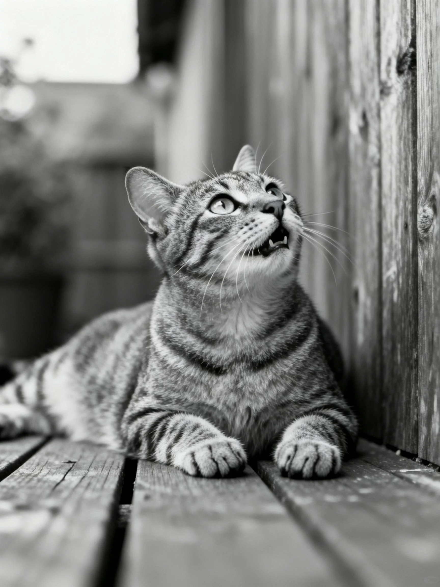 A tabby cat lounging on weathered wooden planks in black and white