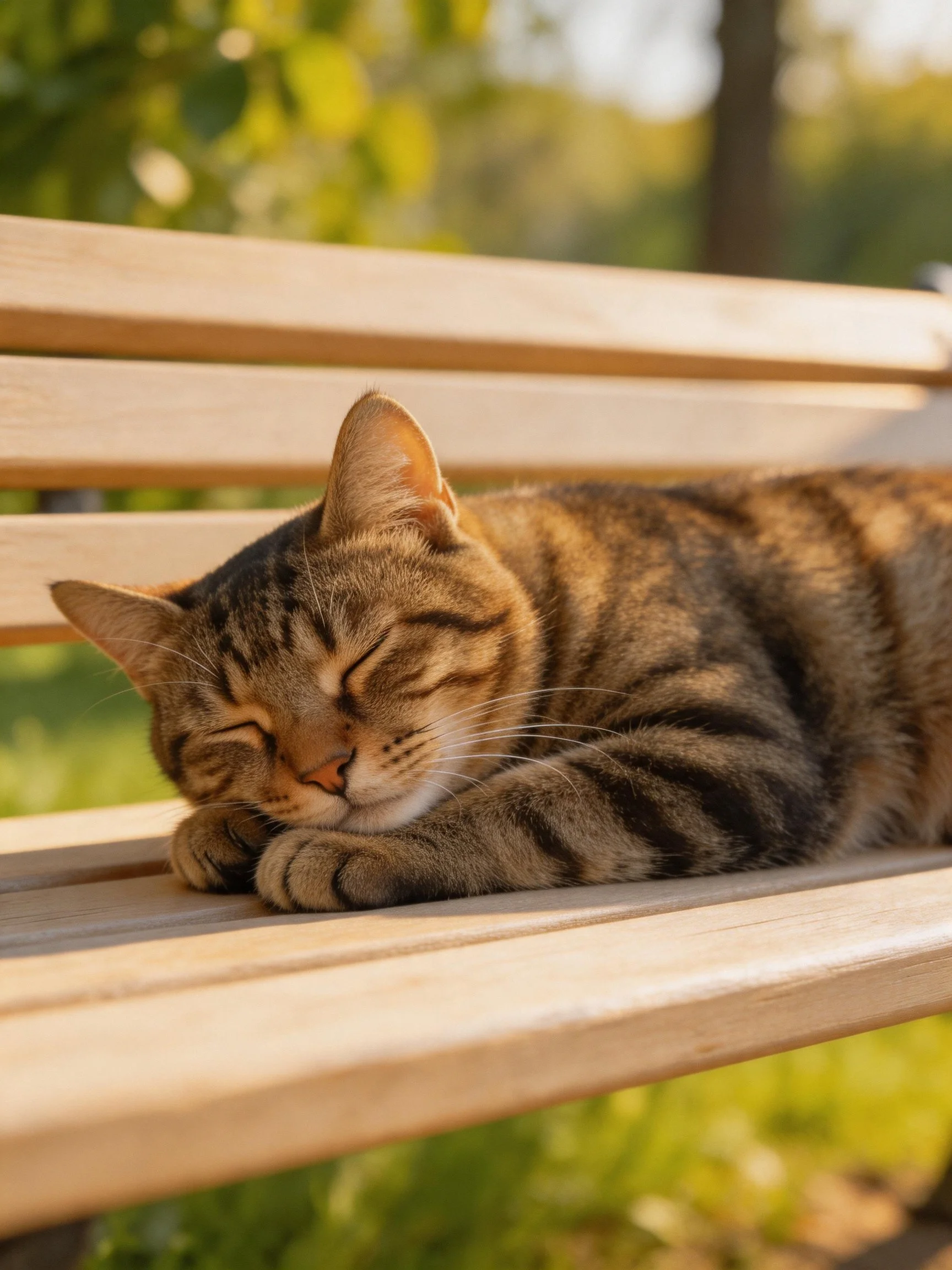 A tabby cat napping on a light brown wooden bench