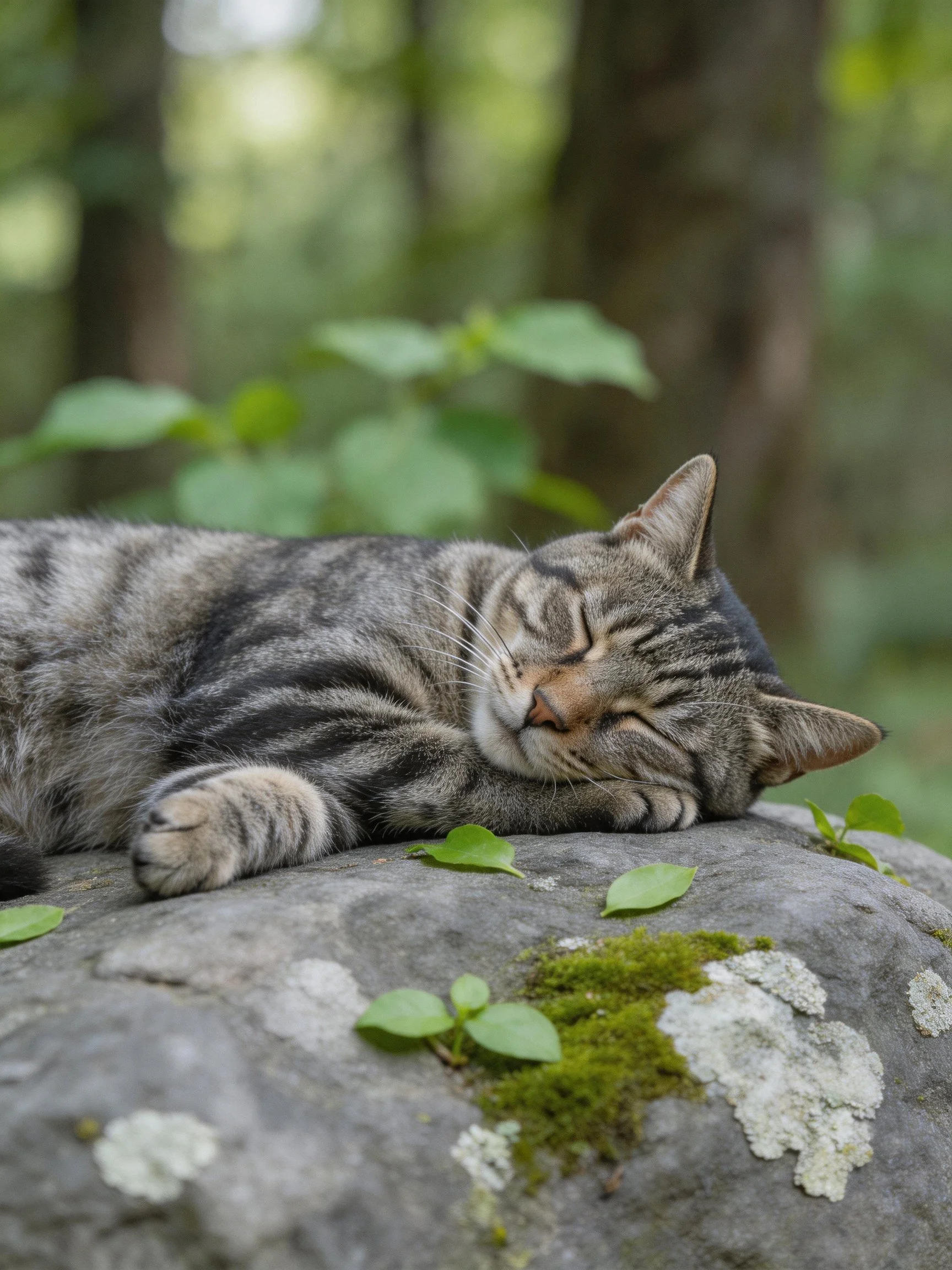 A tabby cat napping on a moss-covered stone in a forest clearing