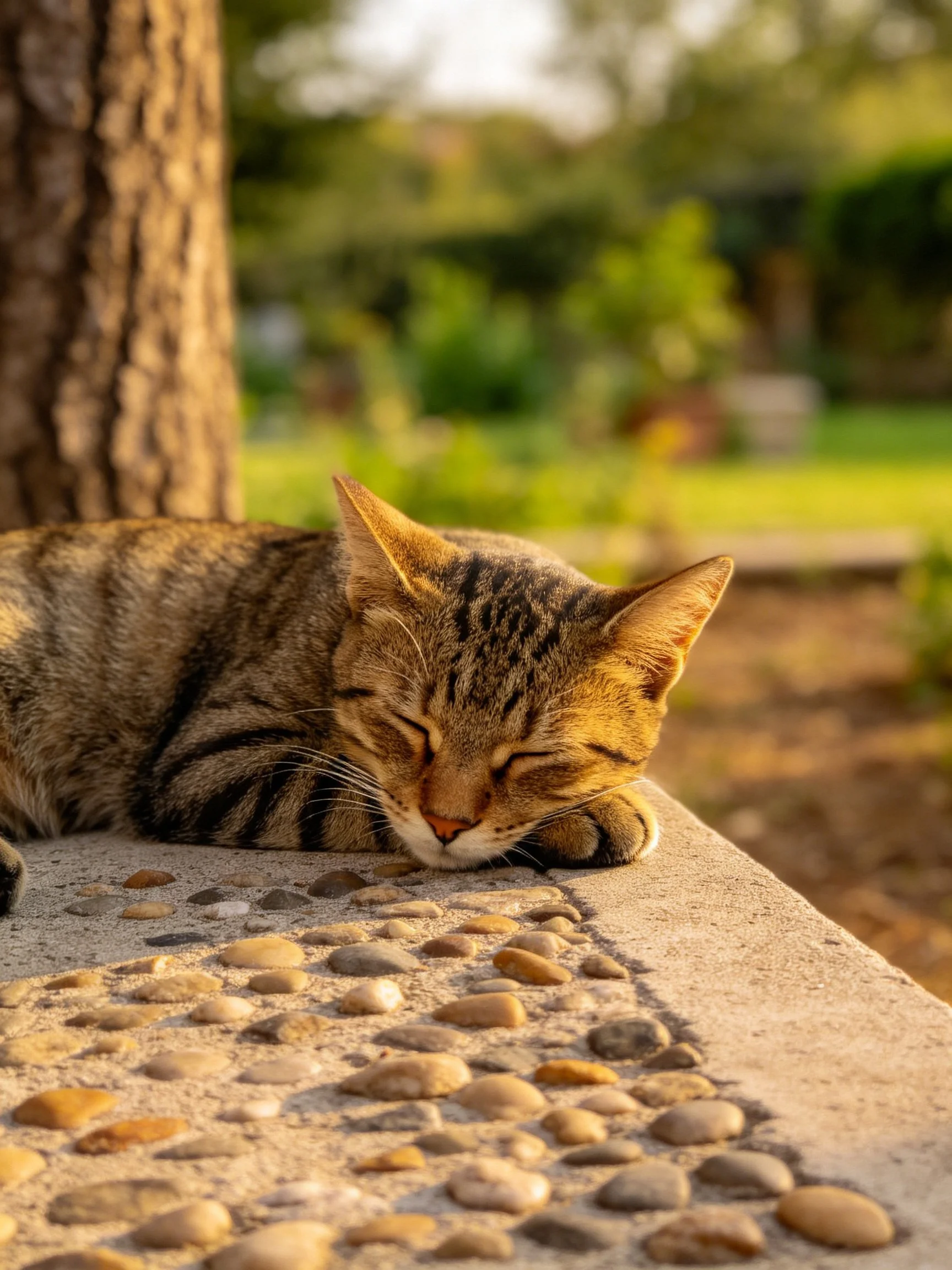 A tabby cat napping on a pebbled ledge near a tree