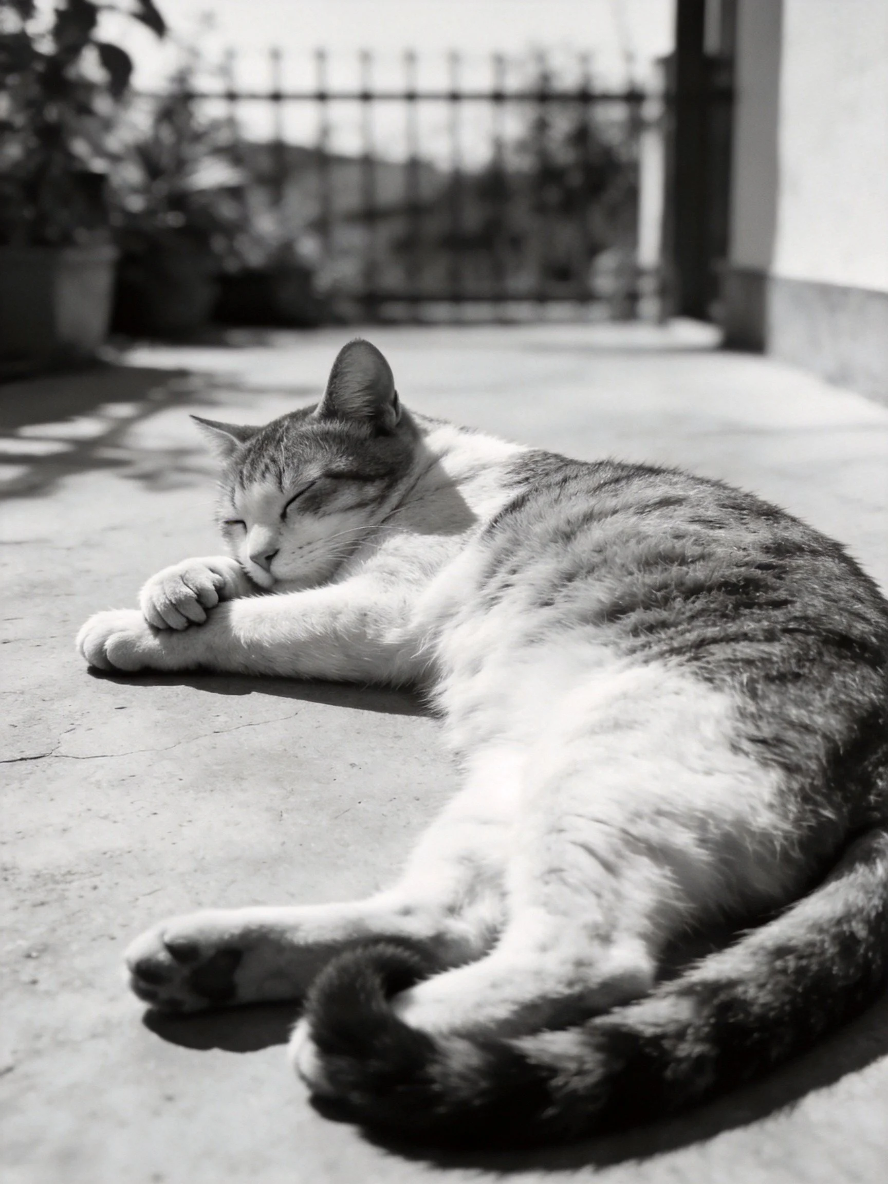 A tabby cat napping on a sunlit concrete patio