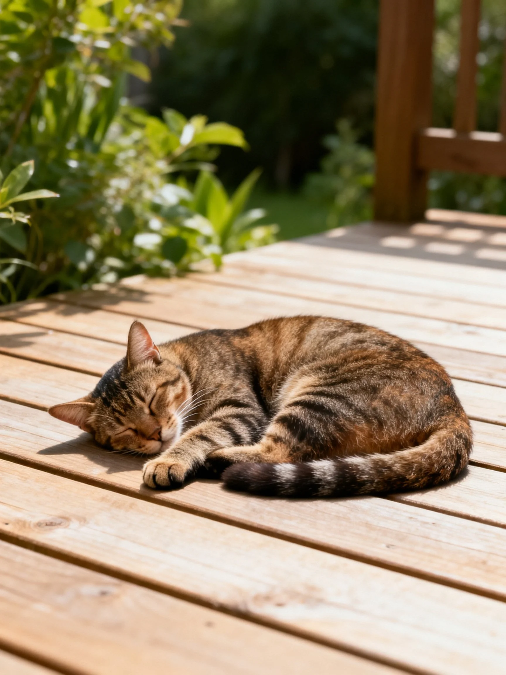 A tabby cat napping on a sunlit wooden deck near lush green plants