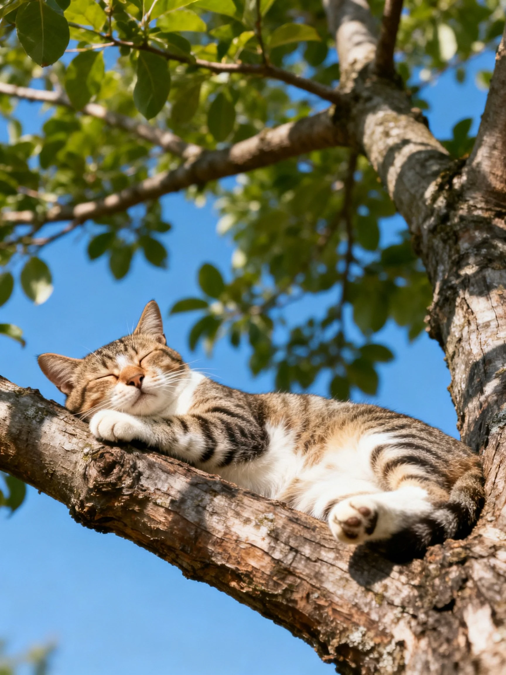 A tabby cat napping on a thick tree branch under bright blue sky