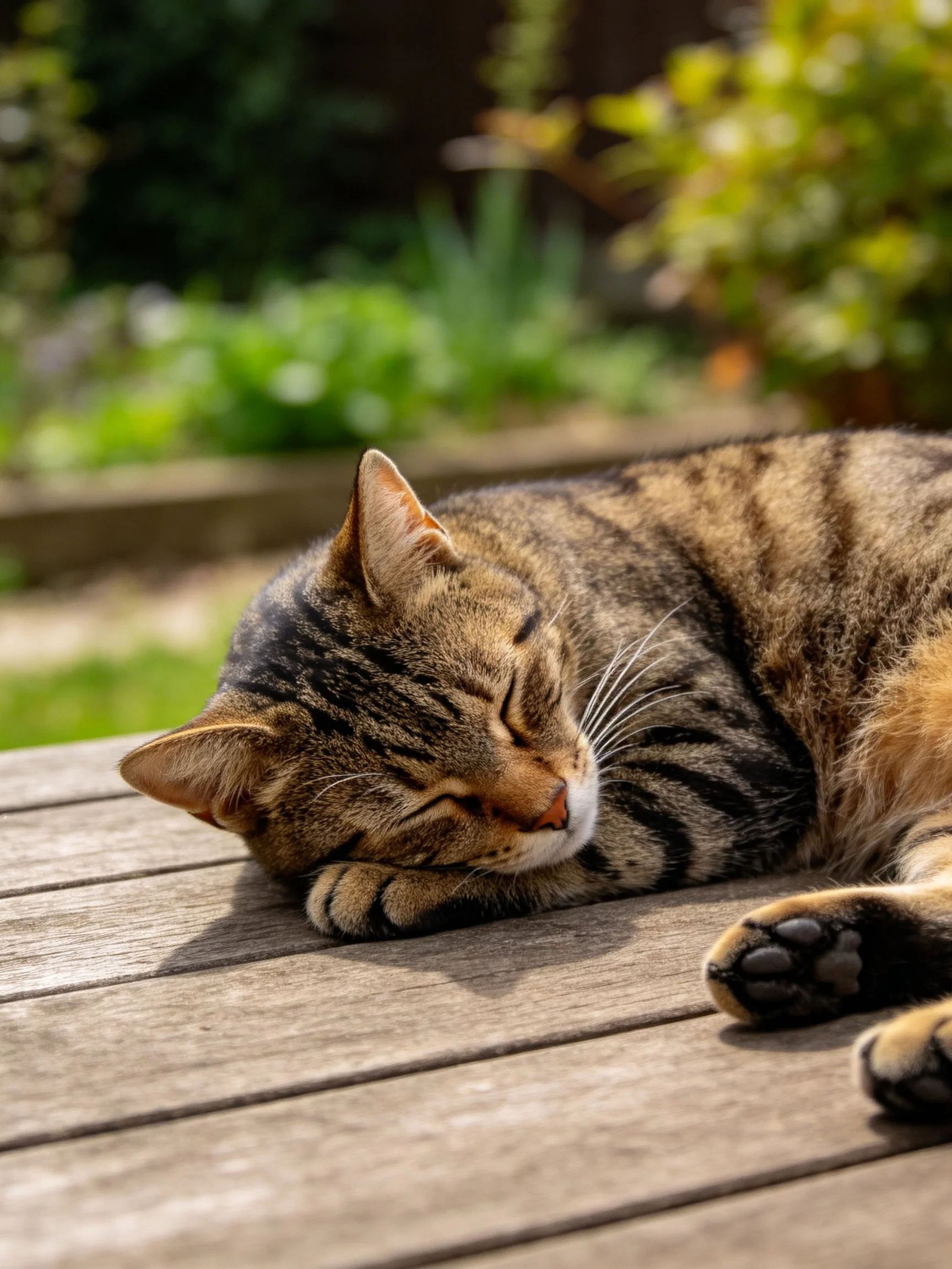 A tabby cat napping on a wooden deck in a sunlit garden