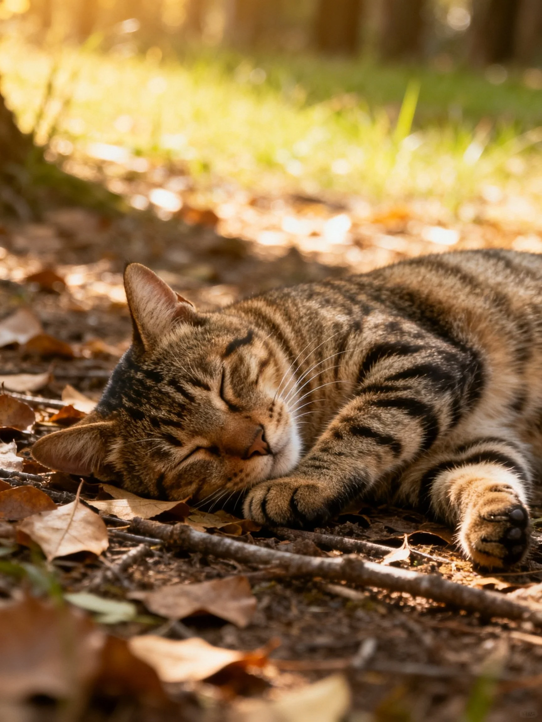 A tabby cat napping on autumn leaves in a sunlit forest clearing