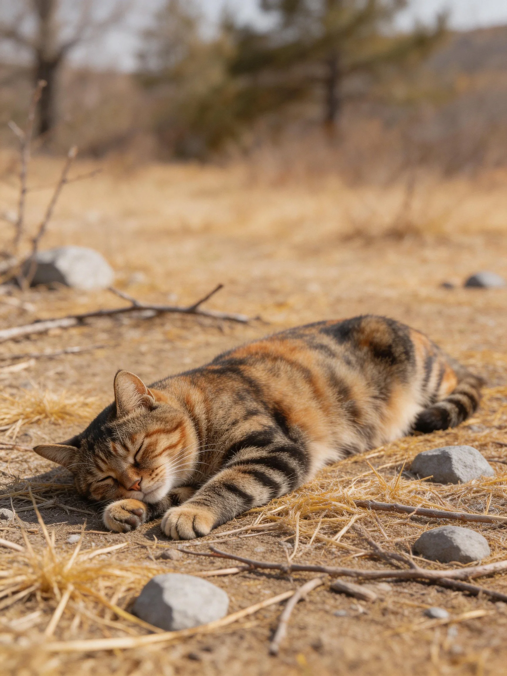 A tabby cat napping on dry grass near scattered rocks