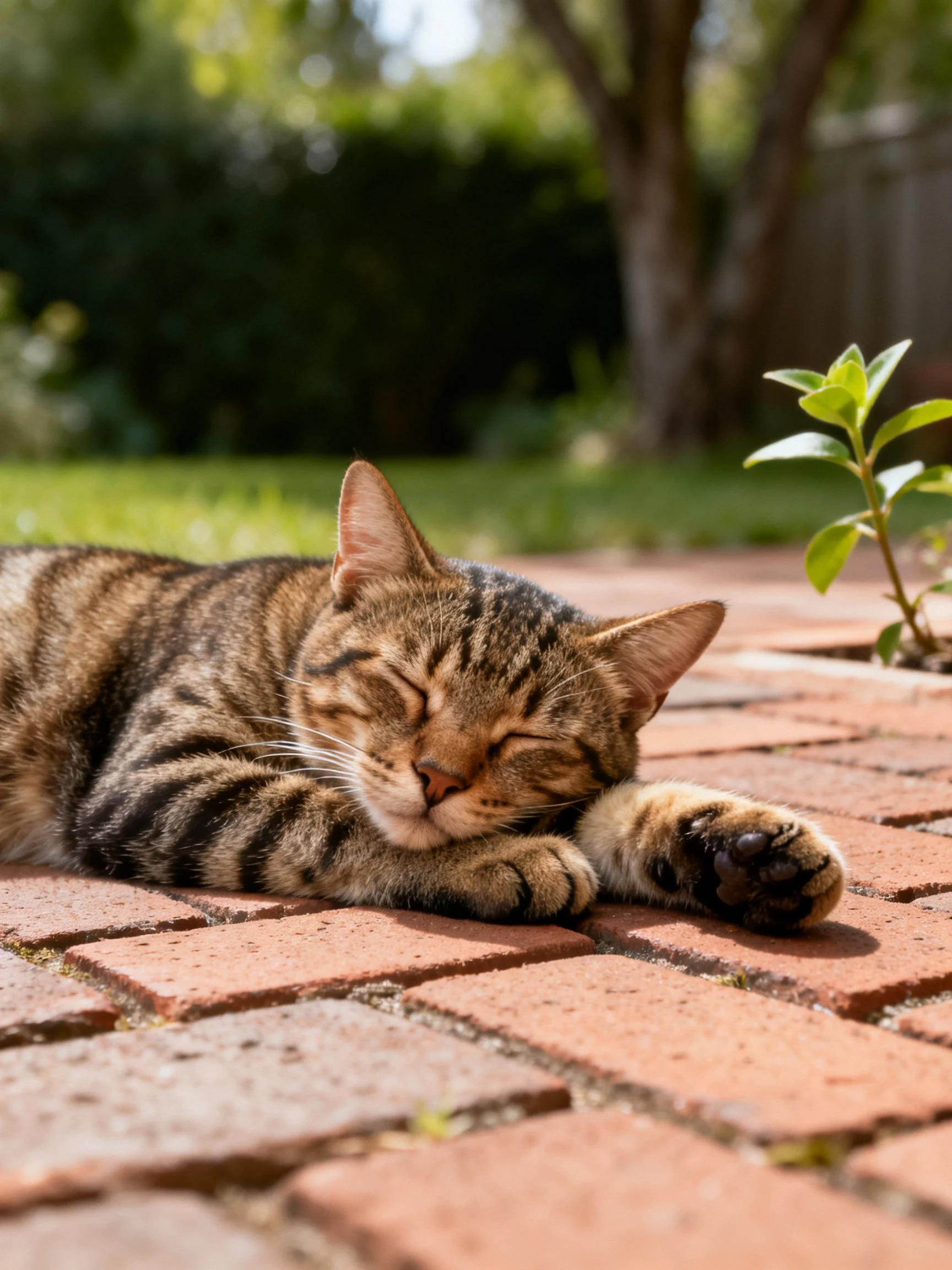 A tabby cat napping on reddish-brown brick pavement