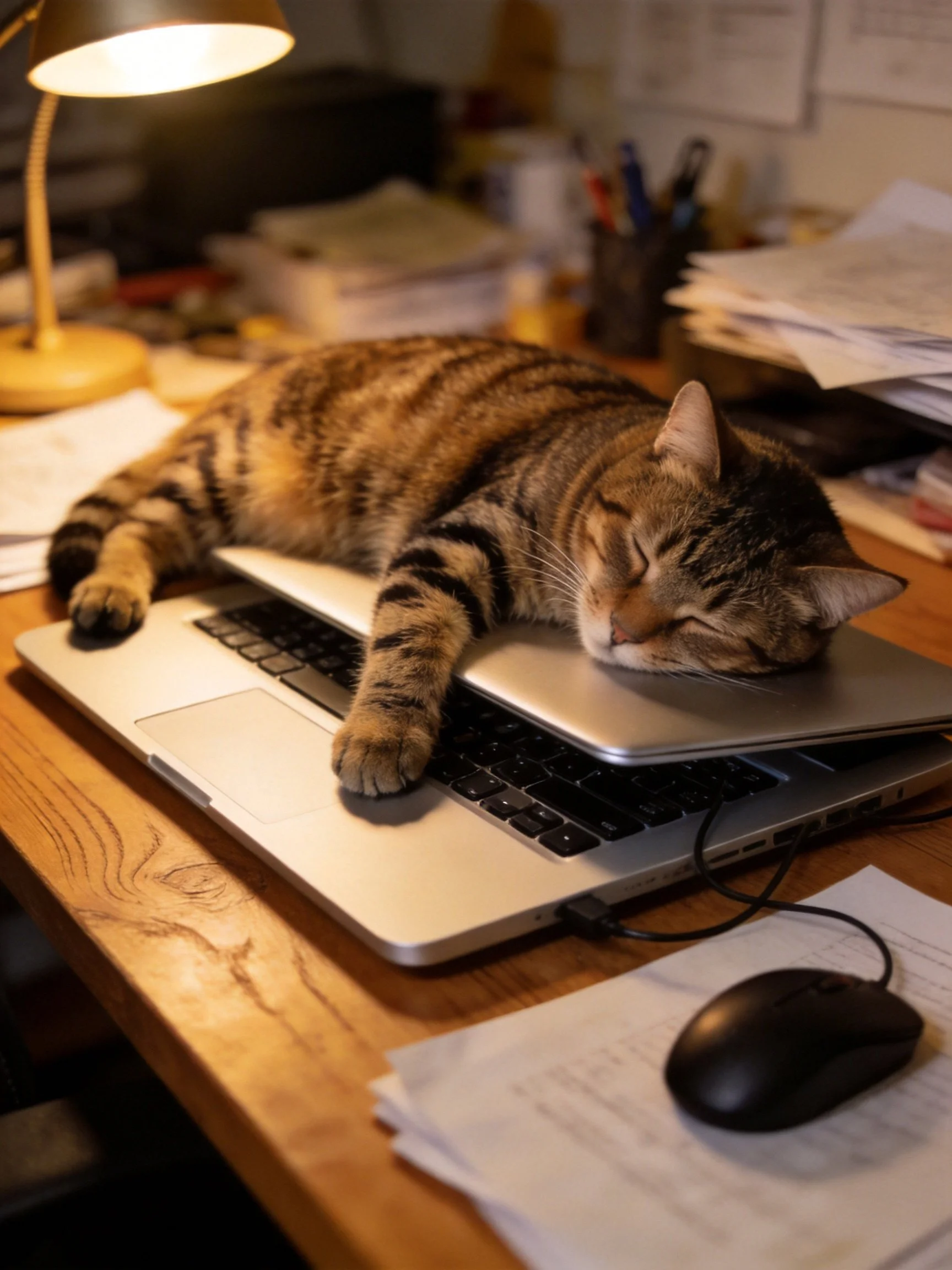 A tabby cat napping on stacked silver laptops at a cluttered wooden desk