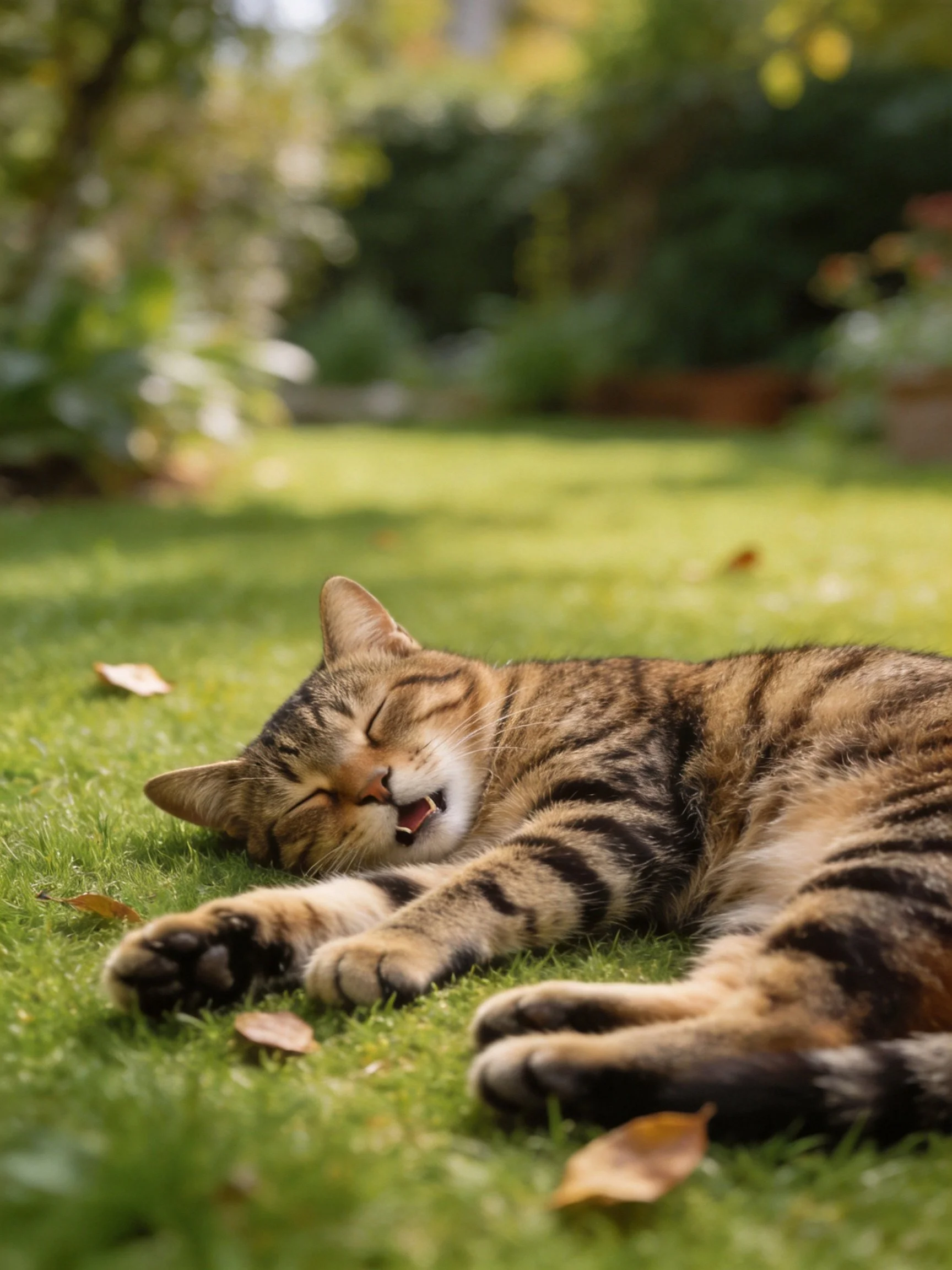 A tabby cat napping on sunlit green grass