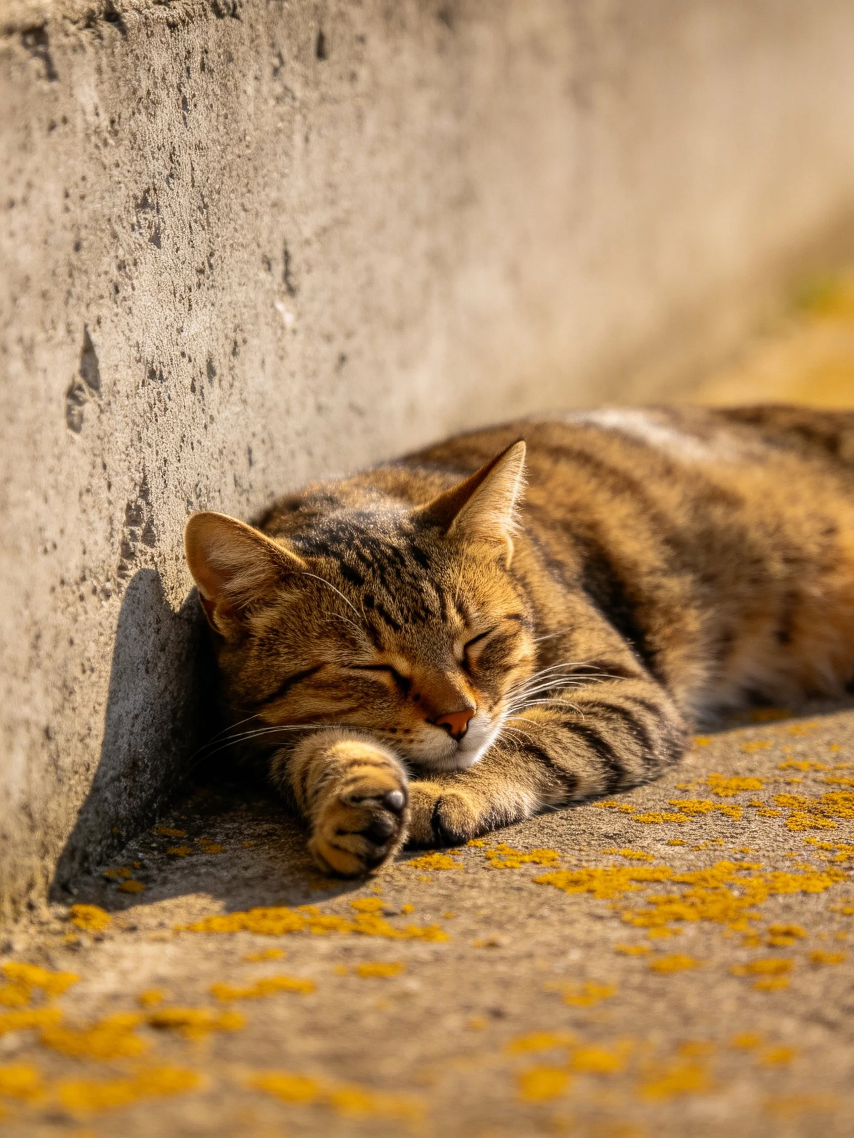 A tabby cat naps beside a weathered concrete wall