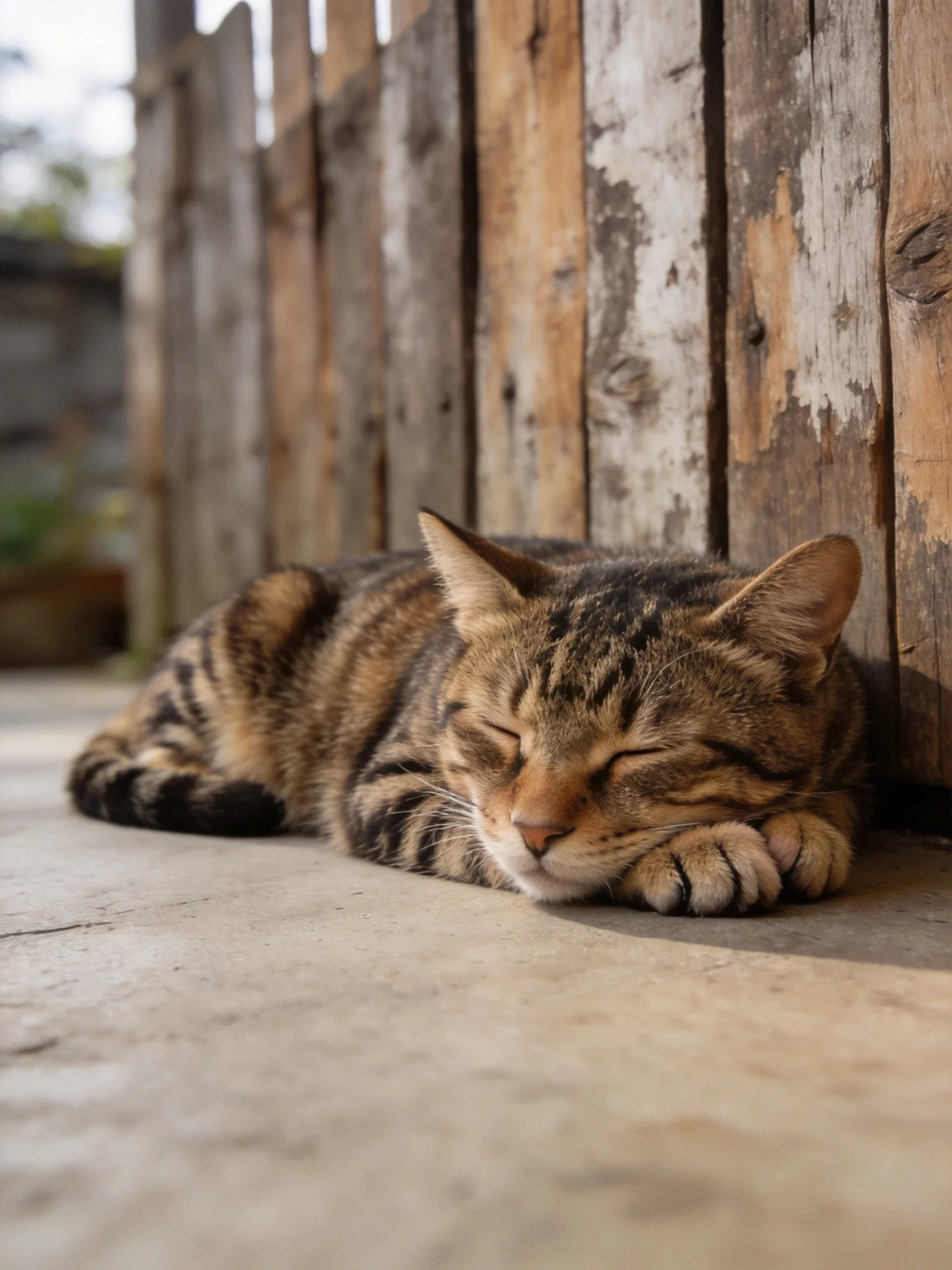 A tabby cat naps beside an aged wooden fence