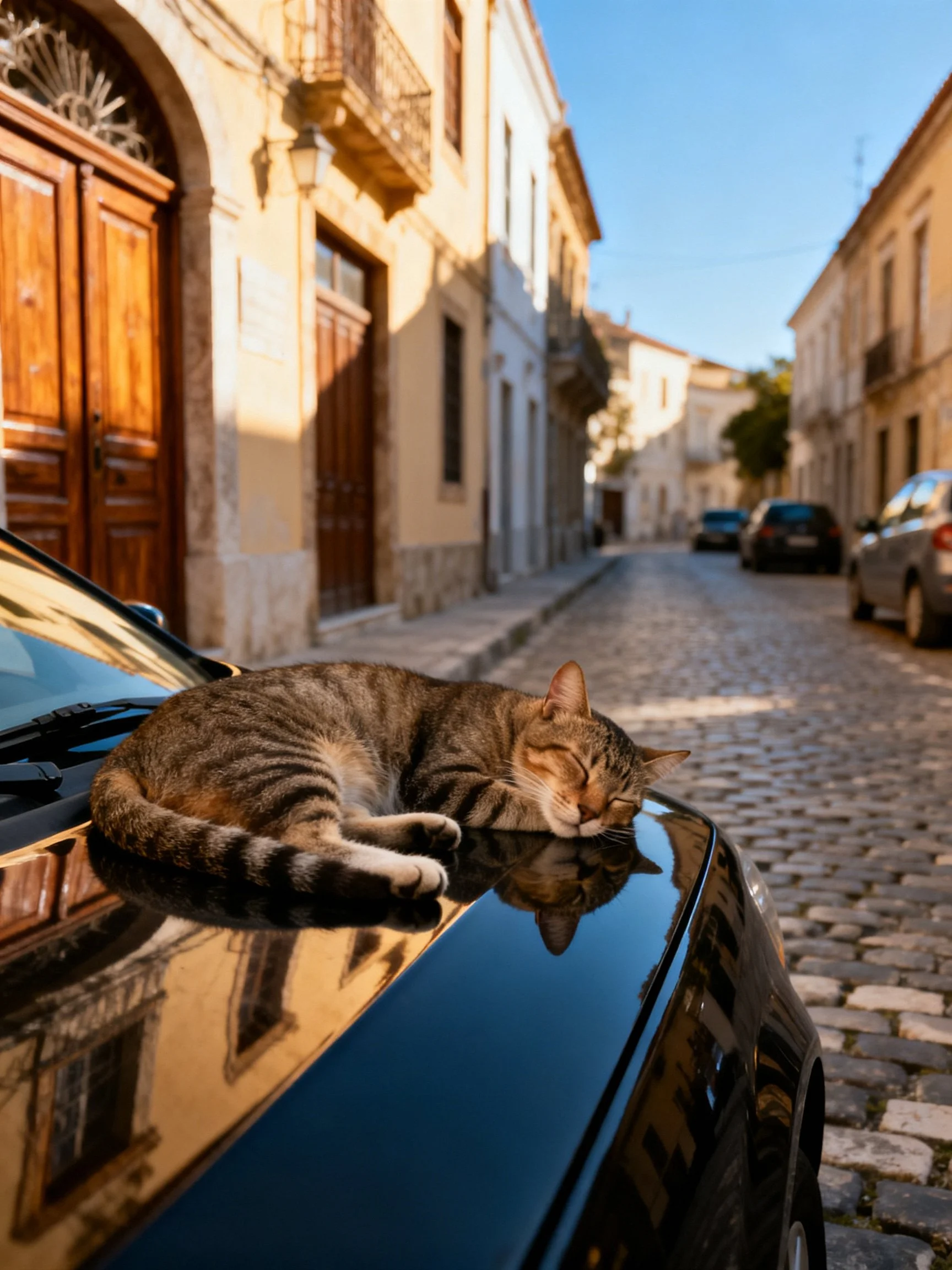 A tabby cat naps on a black car hood near historic cobblestone streets