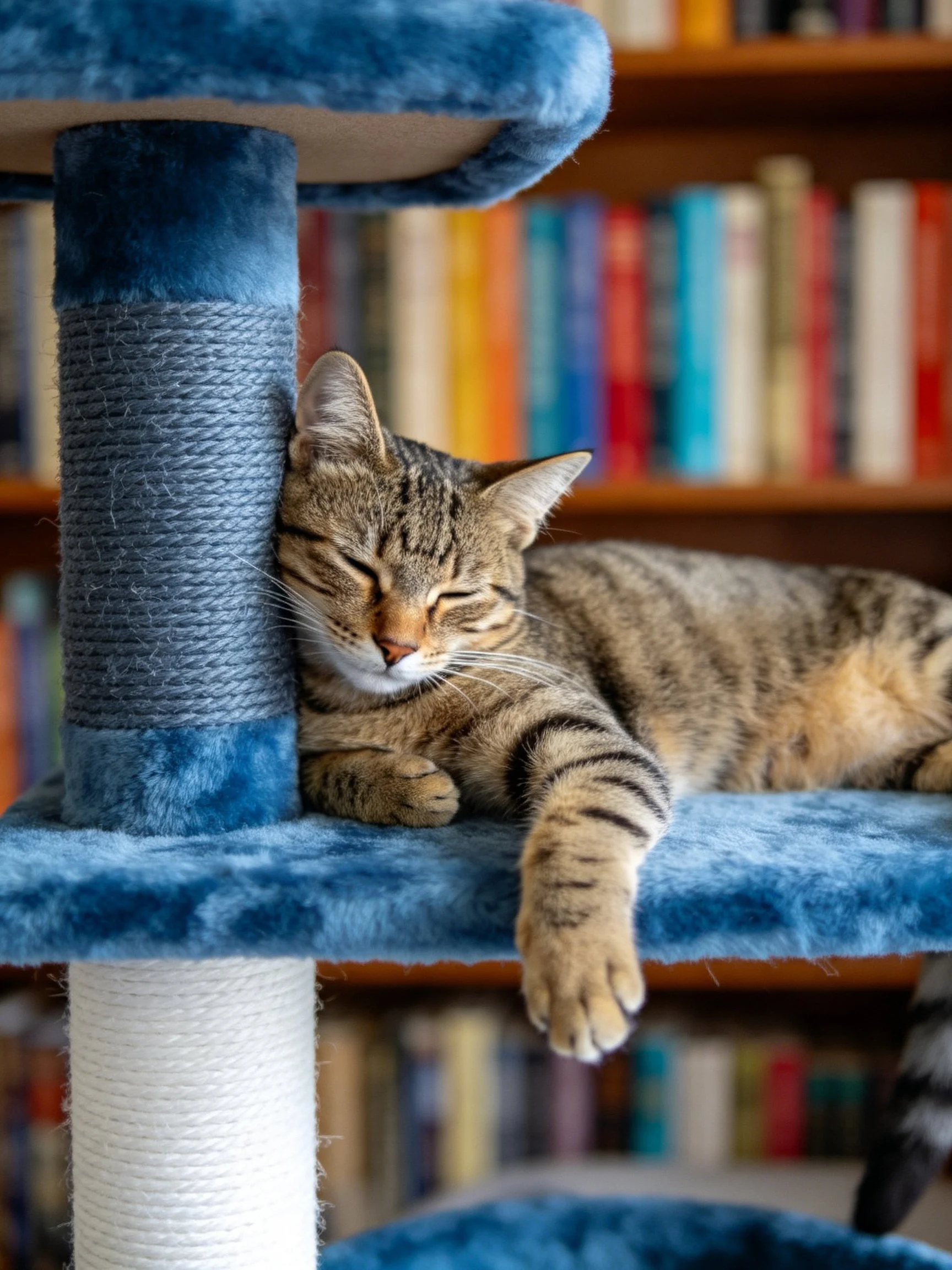 A tabby cat naps on a blue cat tree near bookshelves