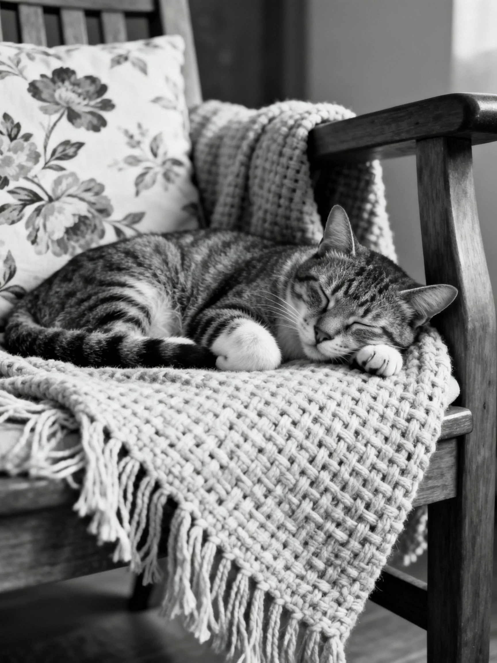 A tabby cat naps on a knitted blanket with floral cushions