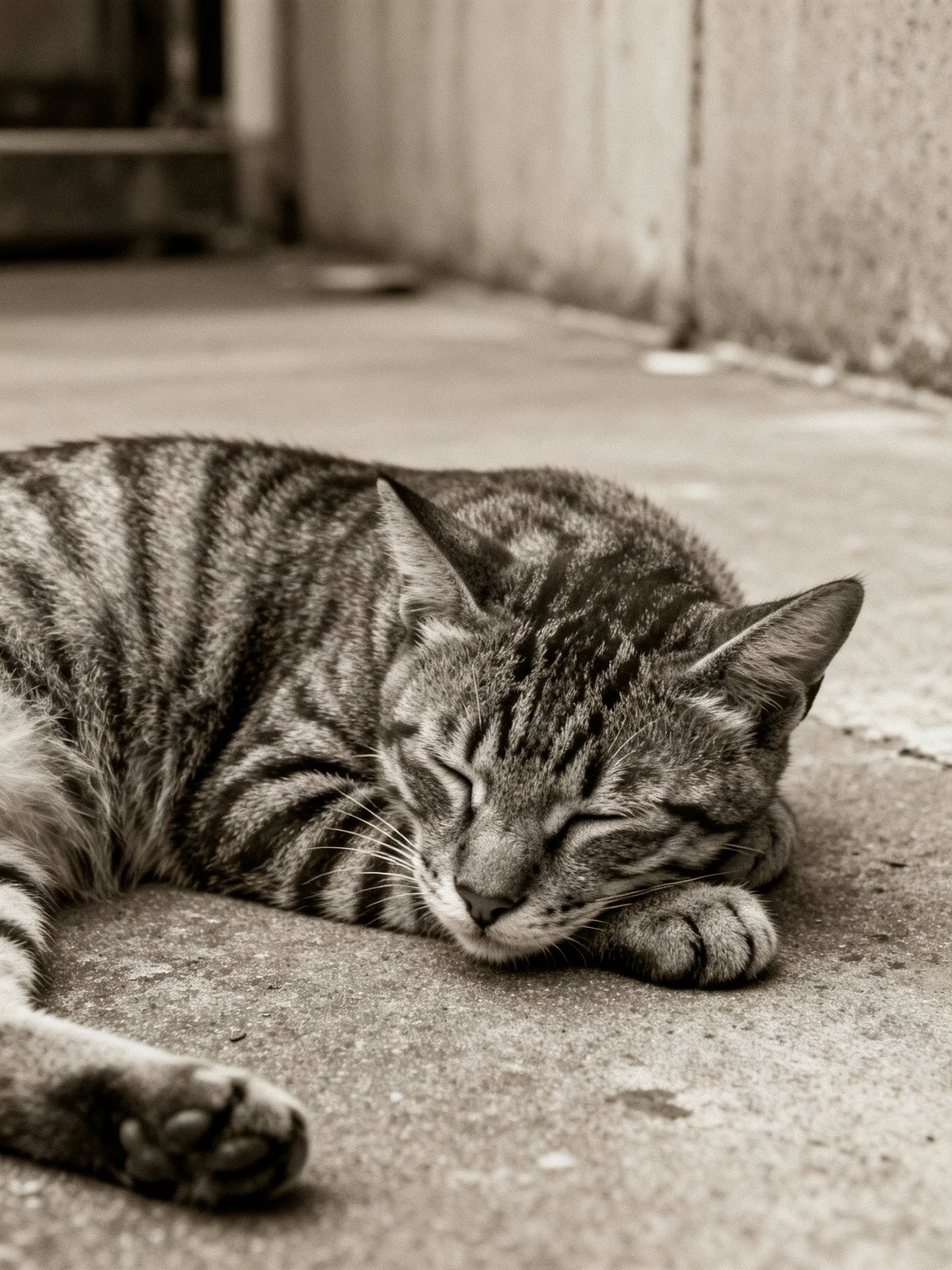 A tabby cat naps on a textured concrete surface
