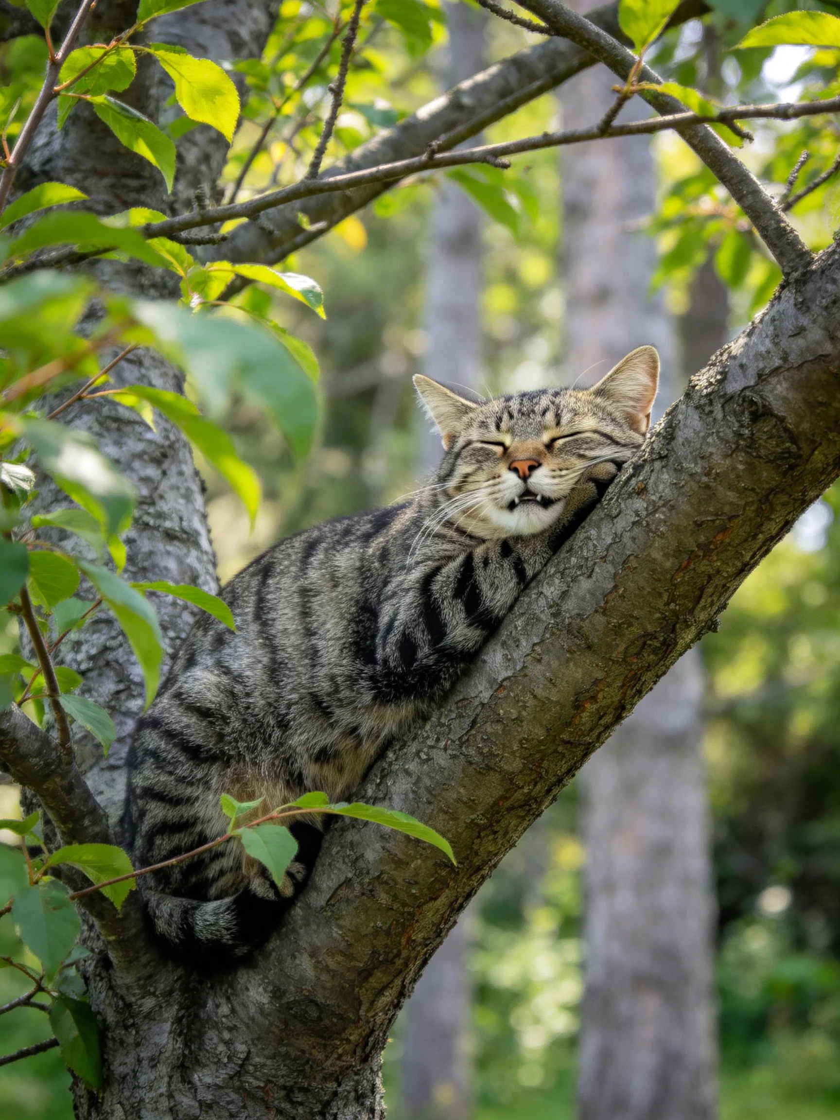 A tabby cat naps on a thick tree branch