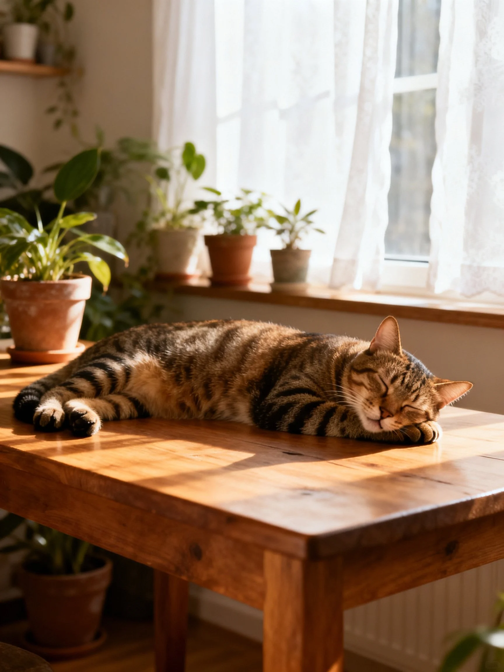 A tabby cat naps on a wooden table with potted plants