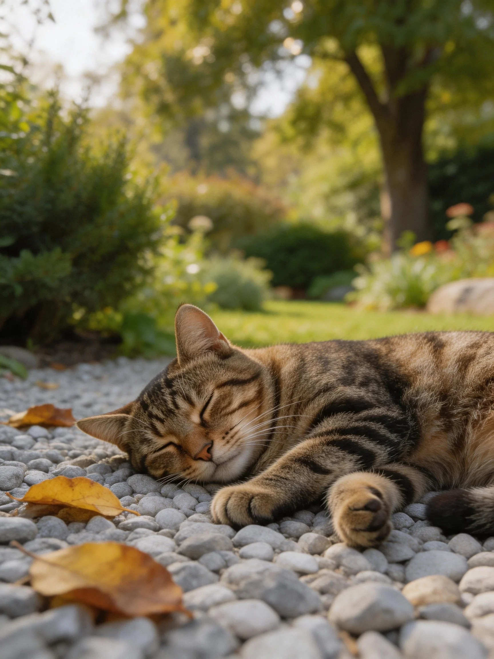 A tabby cat naps on pebbles among autumn leaves in a sunlit garden