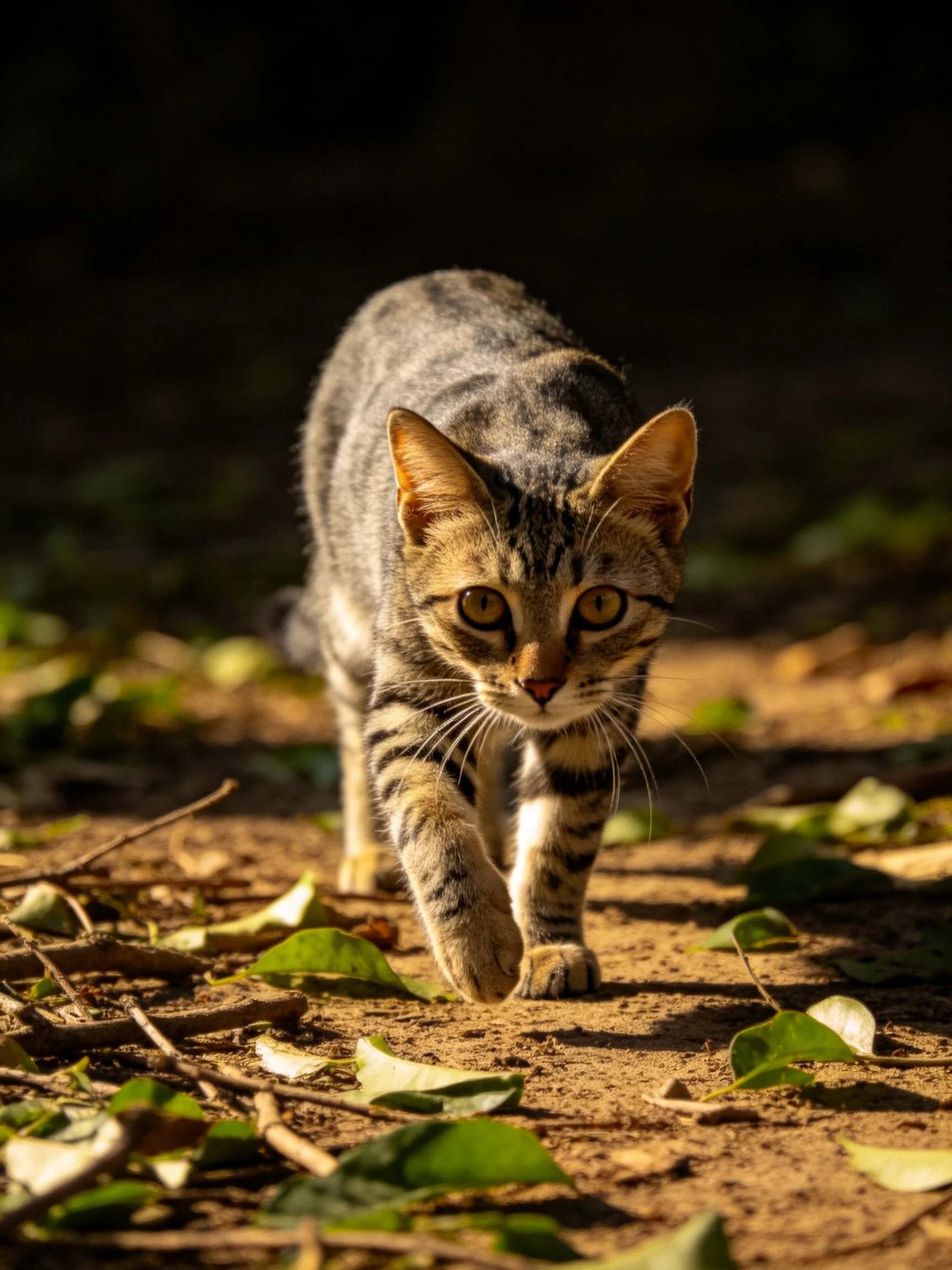 A tabby cat navigates sunlit dirt path with scattered leaves